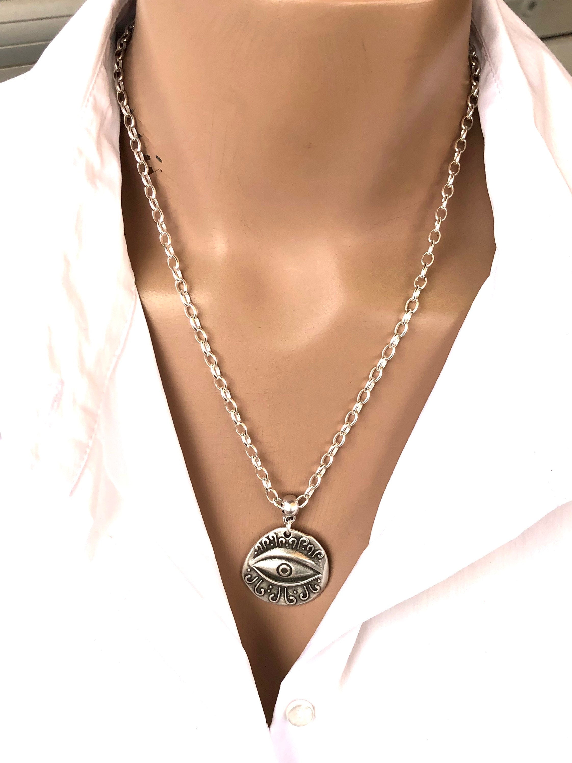 Protector Egyptian eye pensar necklace, coin pendant silver chain necklace, tribal silver necklace, spiritual protector necklace, gift