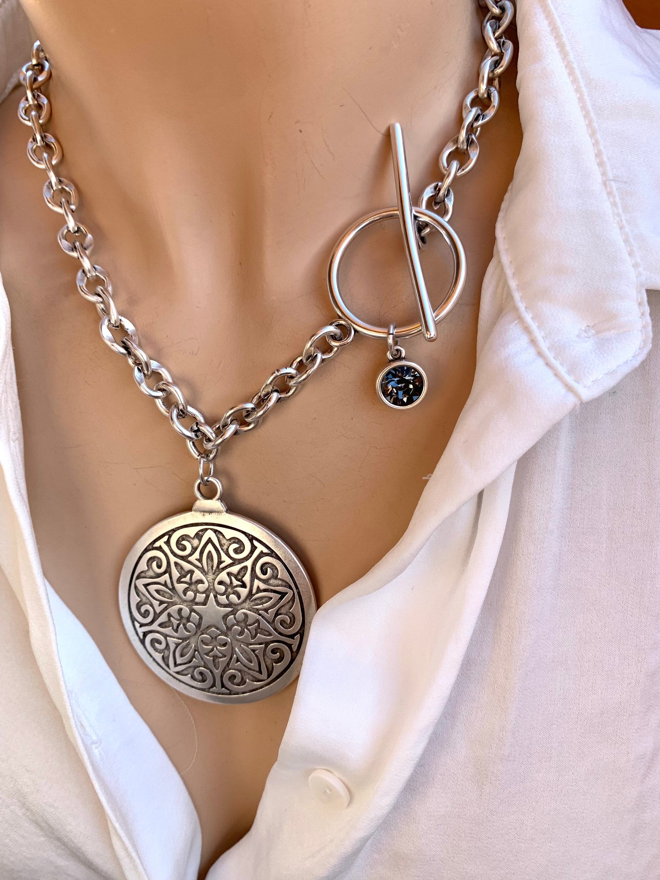 Chunky Silver Chain Necklace – Large Mandala Disc Pendant & Swarovski Charm – Toggle Clasp – Statement Boho Jewelry - exclusive design