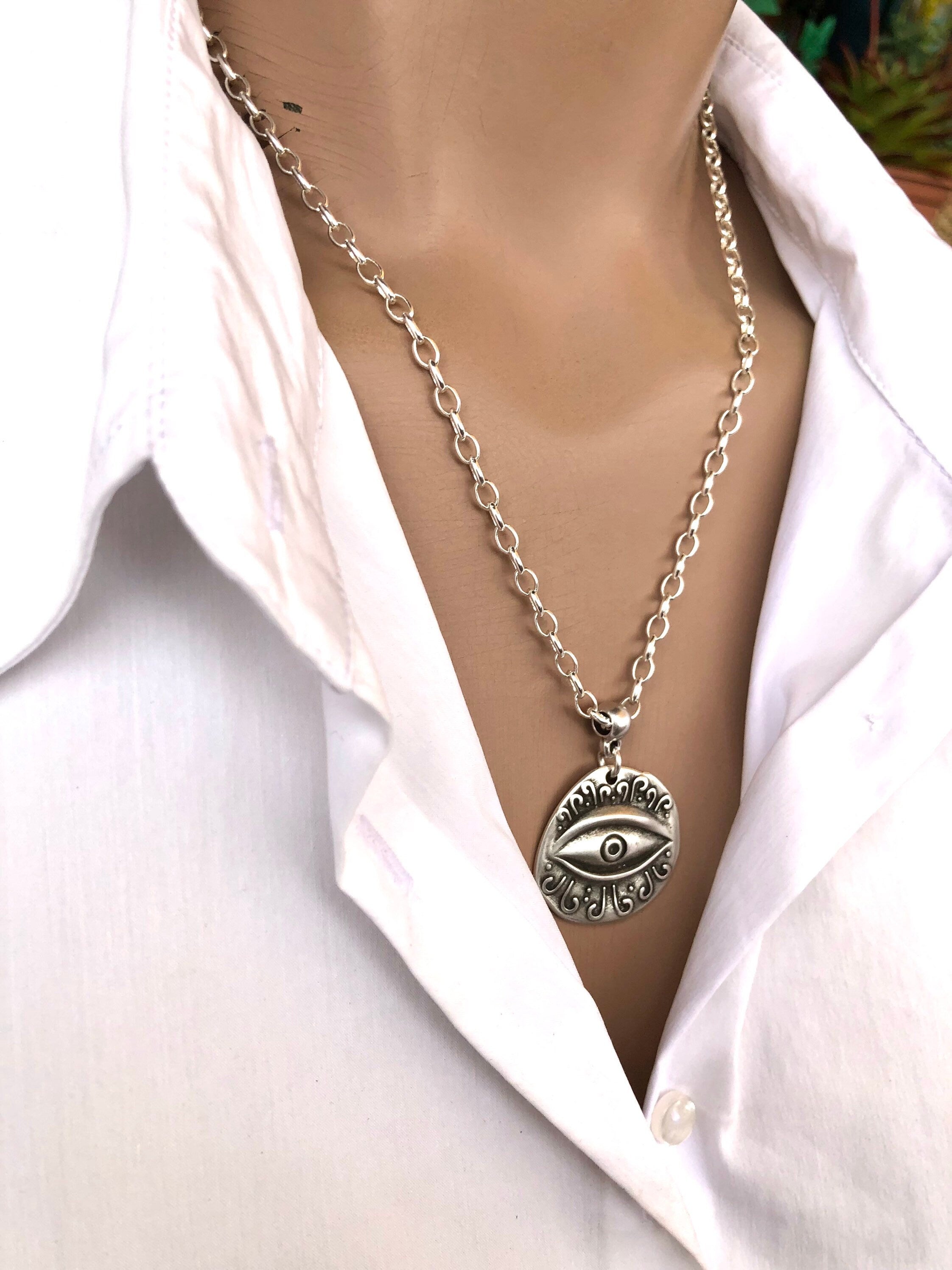 Protector Egyptian eye pensar necklace, coin pendant silver chain necklace, tribal silver necklace, spiritual protector necklace, gift