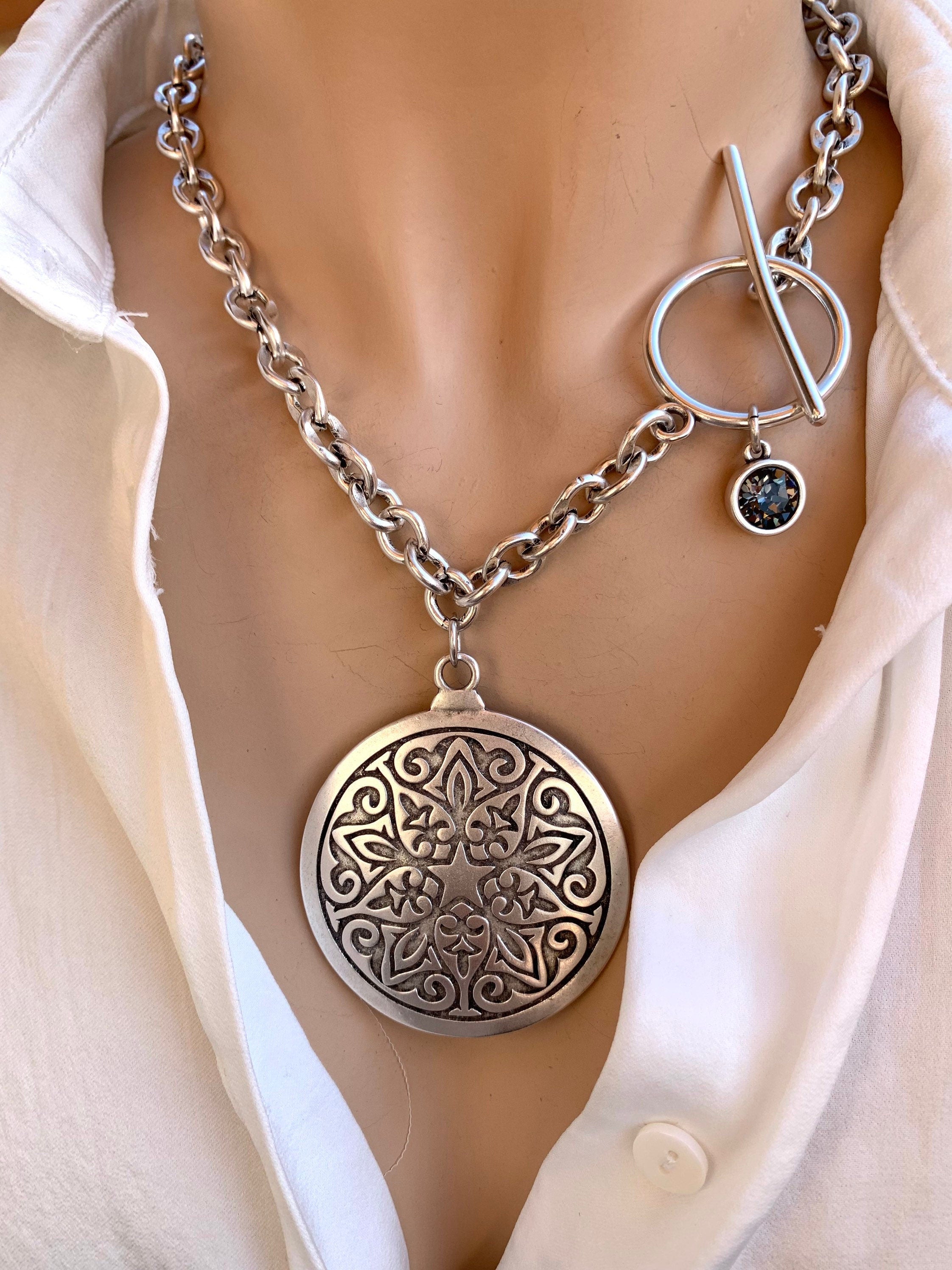 Chunky Silver Chain Necklace – Large Mandala Disc Pendant & Swarovski Charm – Toggle Clasp – Statement Boho Jewelry - exclusive design