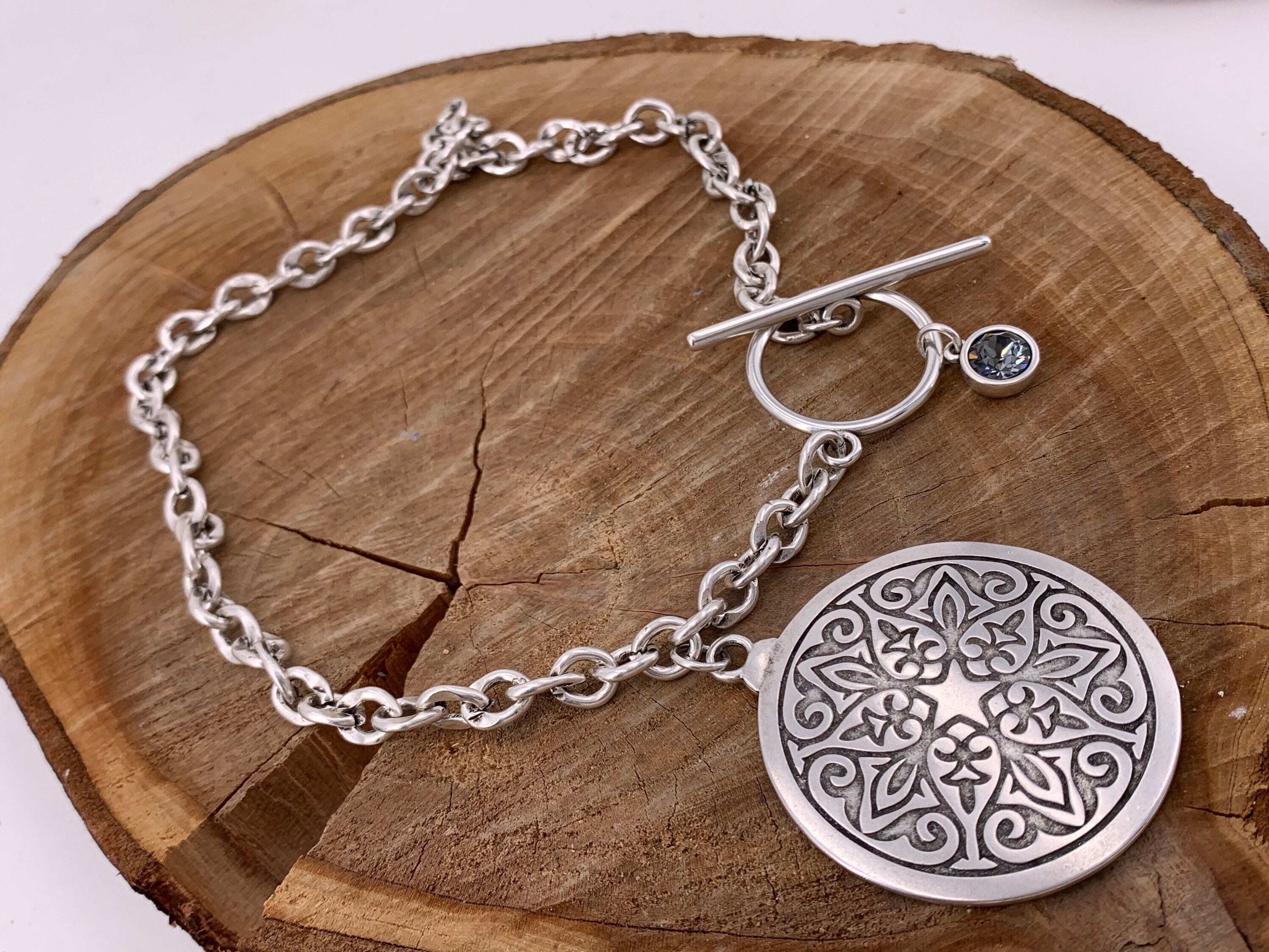Chunky Silver Chain Necklace – Large Mandala Disc Pendant & Swarovski Charm – Toggle Clasp – Statement Boho Jewelry - exclusive design