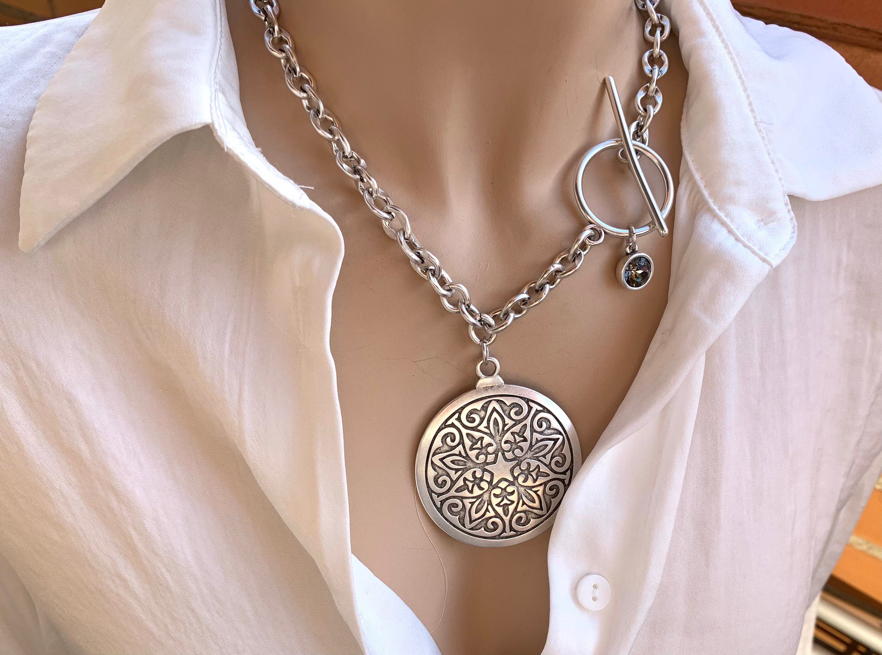 Chunky Silver Chain Necklace – Large Mandala Disc Pendant & Swarovski Charm – Toggle Clasp – Statement Boho Jewelry - exclusive design