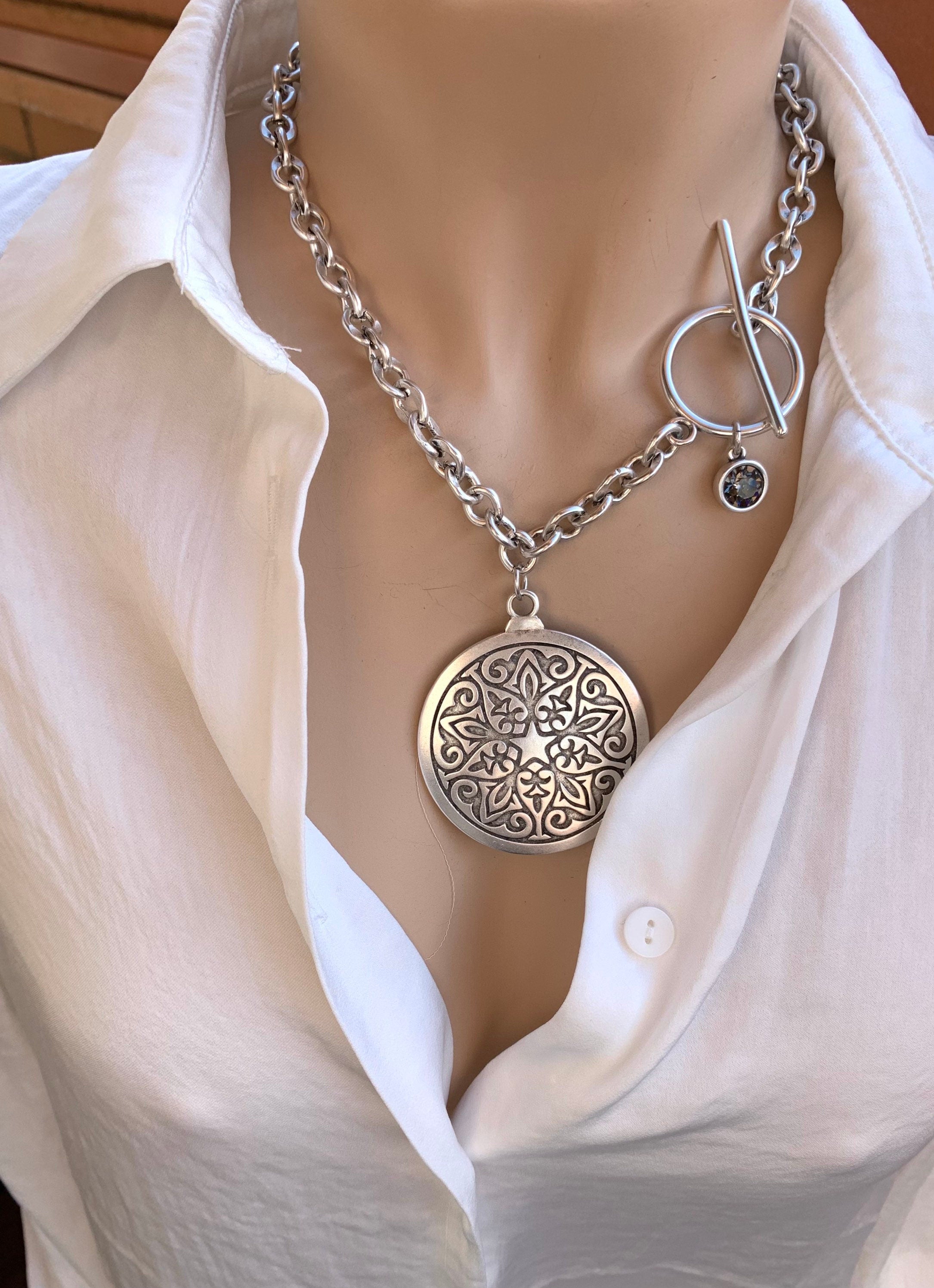 Chunky Silver Chain Necklace – Large Mandala Disc Pendant & Swarovski Charm – Toggle Clasp – Statement Boho Jewelry - exclusive design