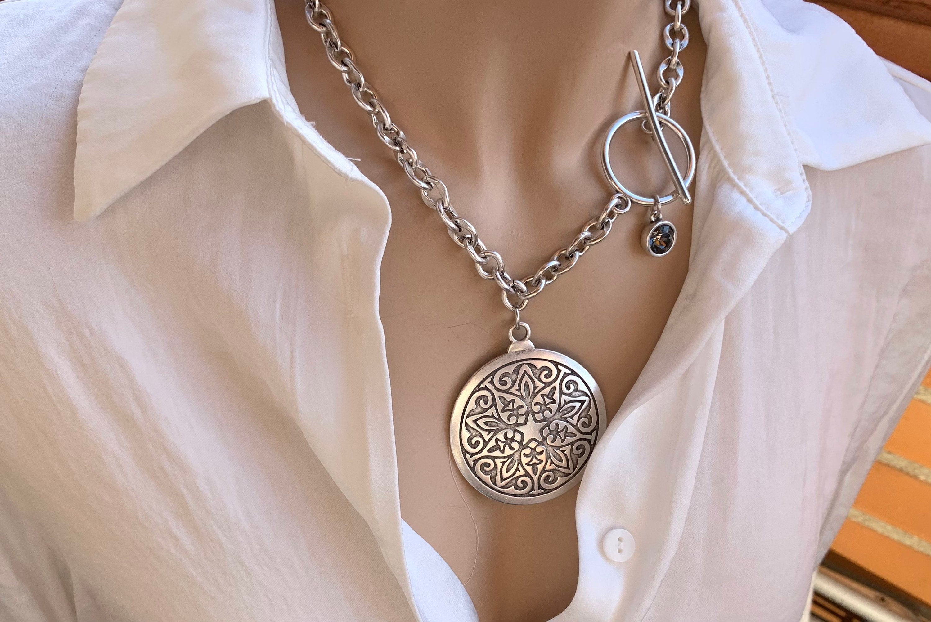 Chunky Silver Chain Necklace – Large Mandala Disc Pendant & Swarovski Charm – Toggle Clasp – Statement Boho Jewelry - exclusive design