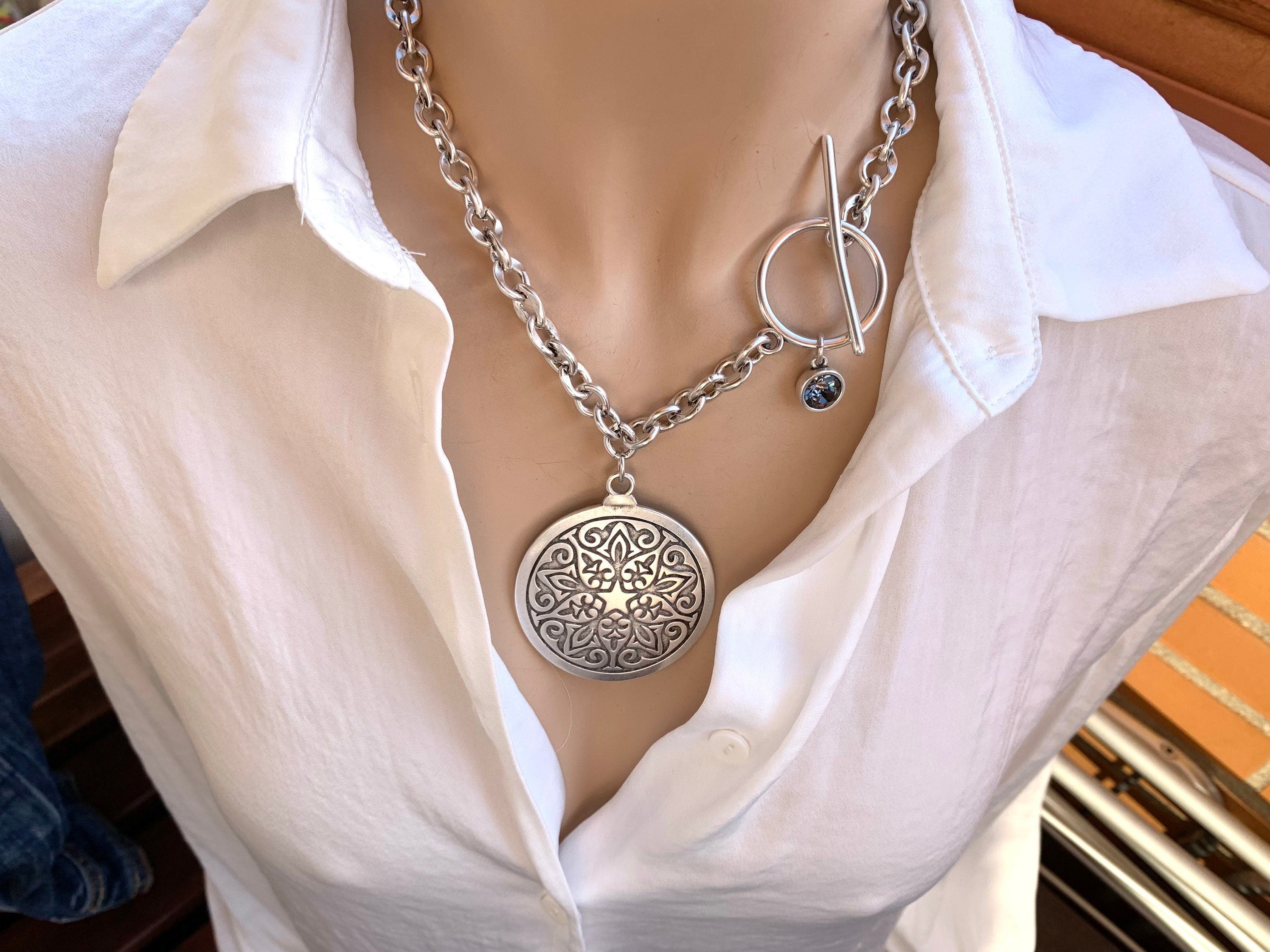 Chunky Silver Chain Necklace – Large Mandala Disc Pendant & Swarovski Charm – Toggle Clasp – Statement Boho Jewelry - exclusive design