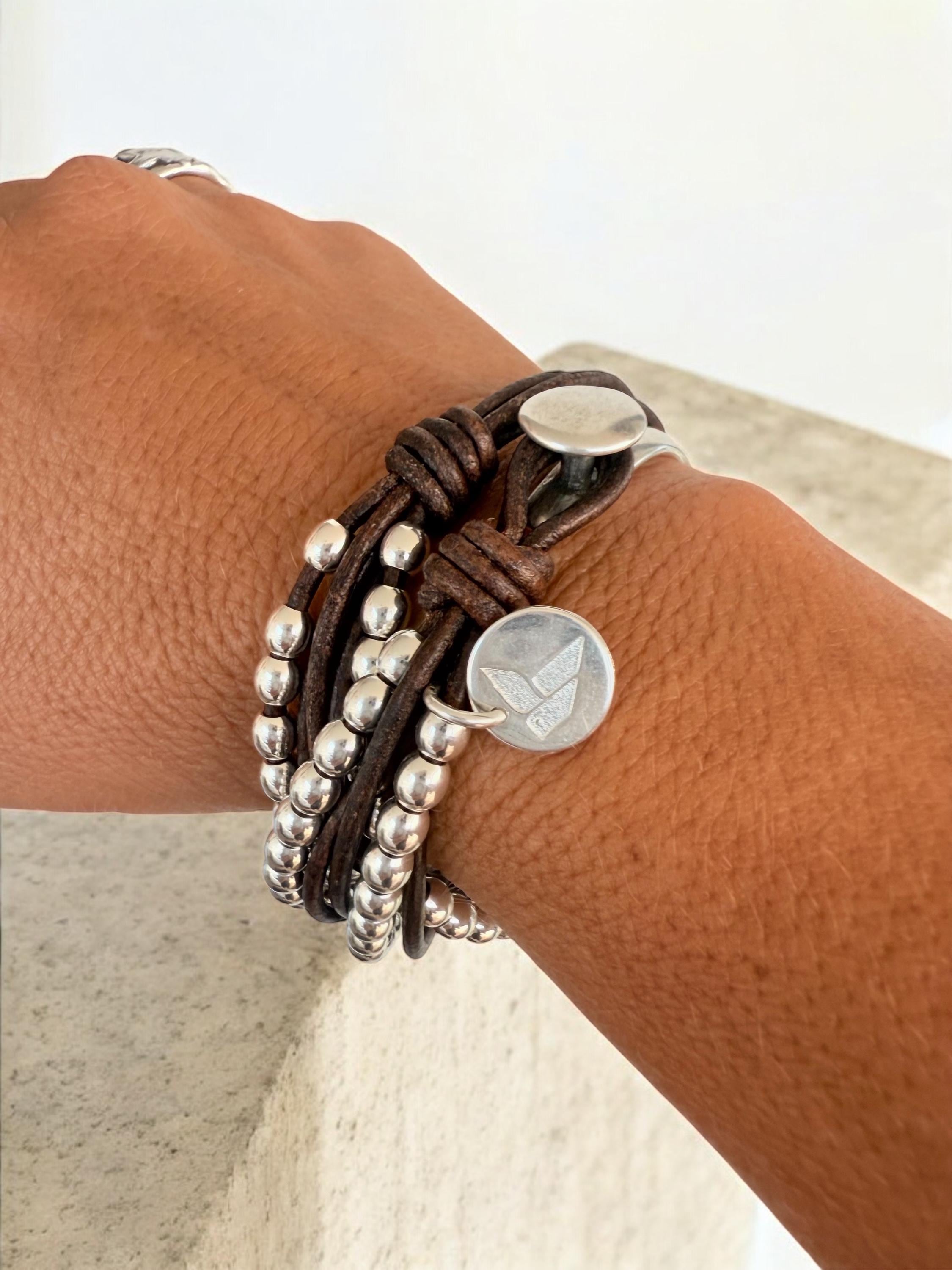 Layered Leather & Silver Beaded Wrap Bracelet – Handmade Boho Cuff – chunky bold jewelry - tribal accessories- uno de 50 style