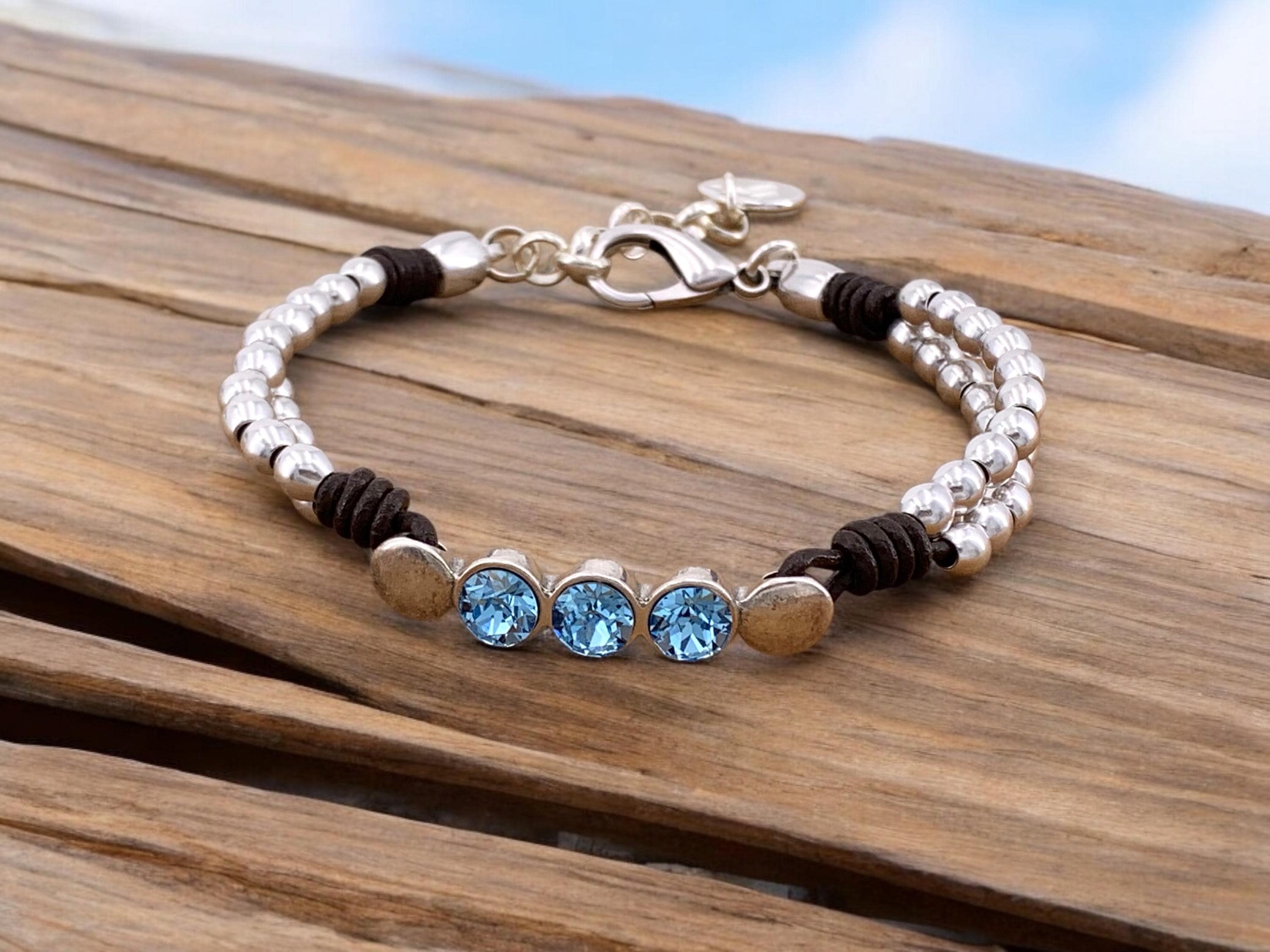 silver beads leather bracelet for women which Swarovski crystals, handmade bohemian beaded leather bracelet, chunky silver bracelet, gift
