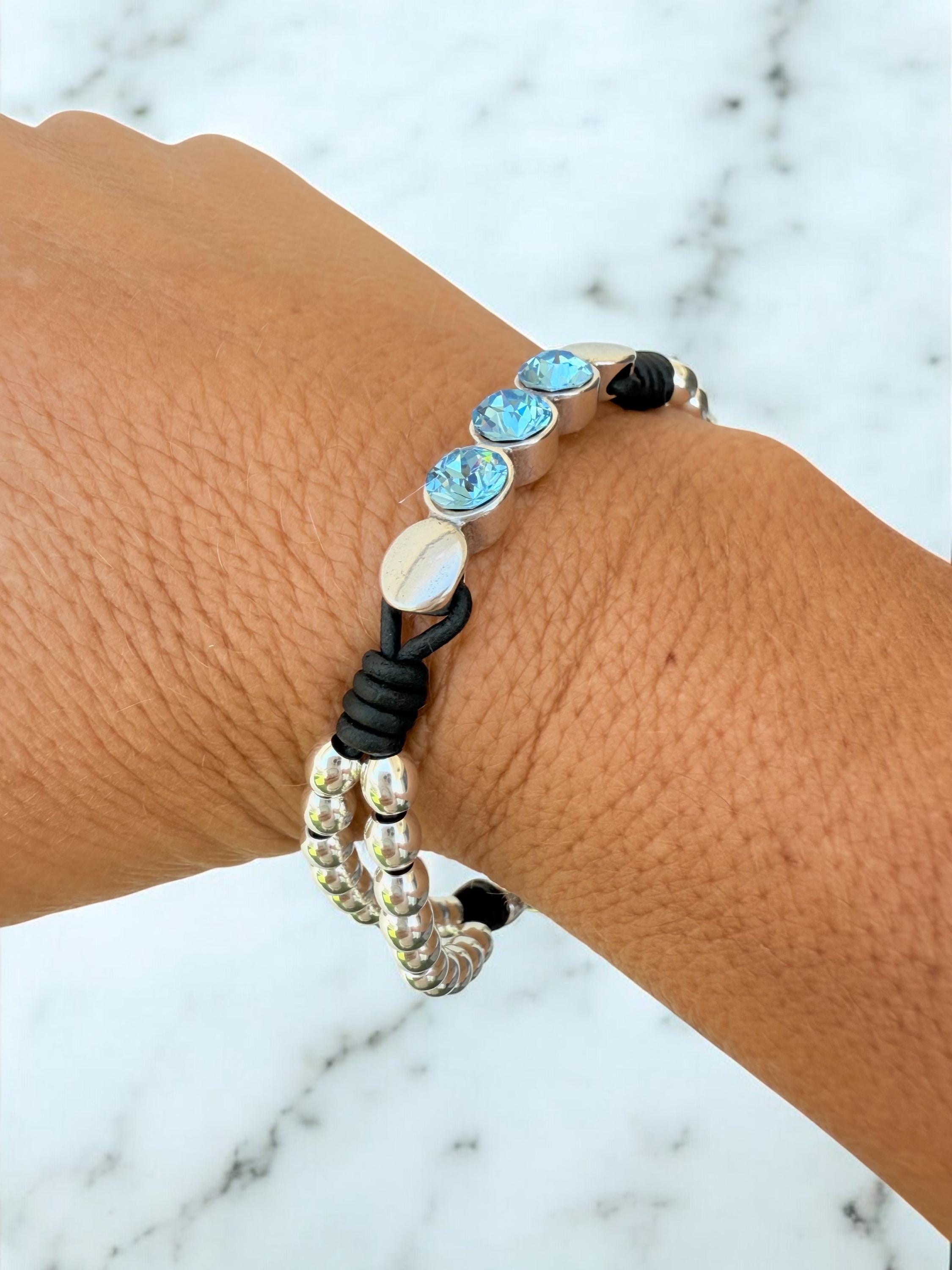 silver beads leather bracelet for women which Swarovski crystals, handmade bohemian beaded leather bracelet, chunky silver bracelet, gift