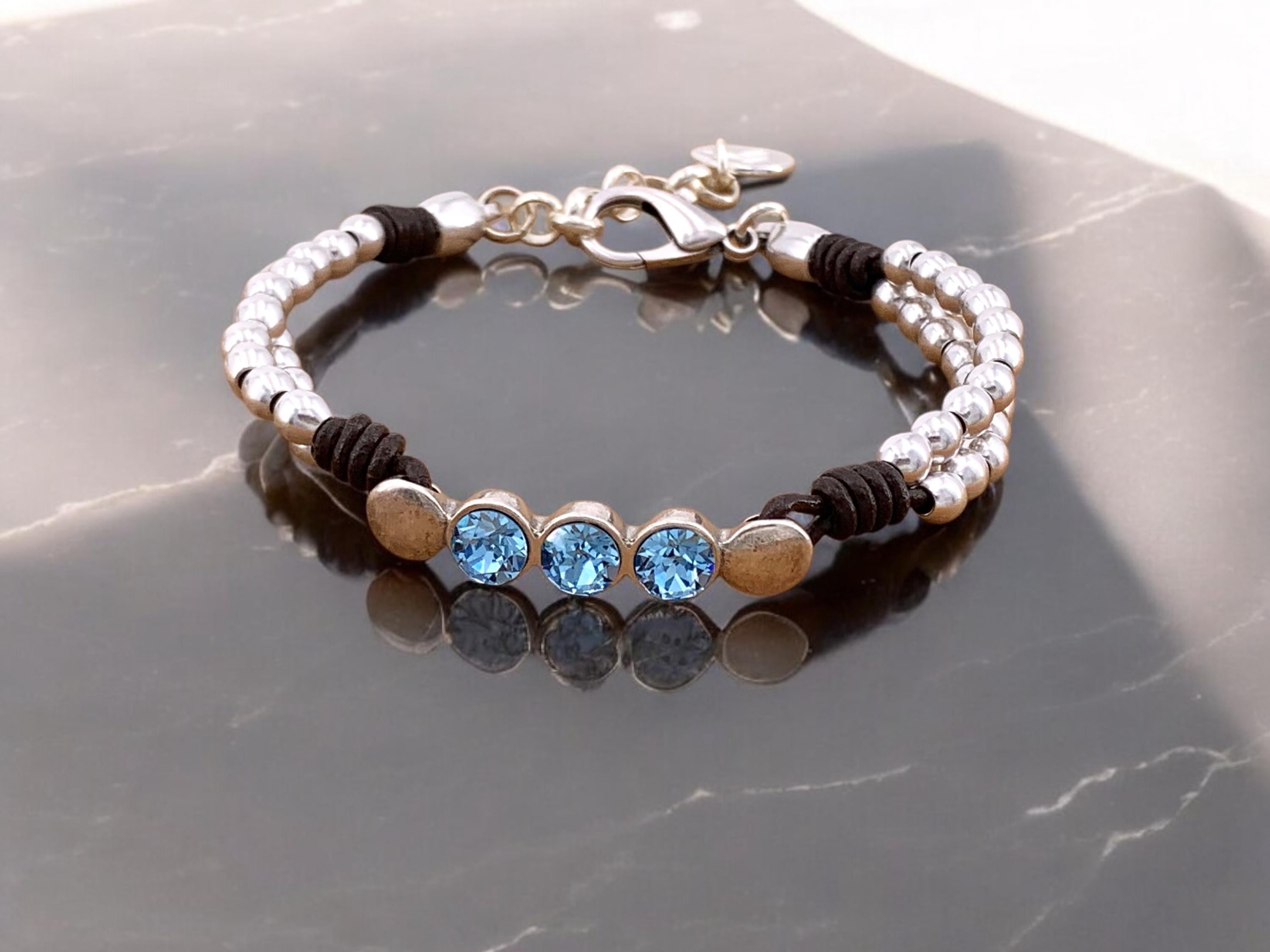 silver beads leather bracelet for women which Swarovski crystals, handmade bohemian beaded leather bracelet, chunky silver bracelet, gift