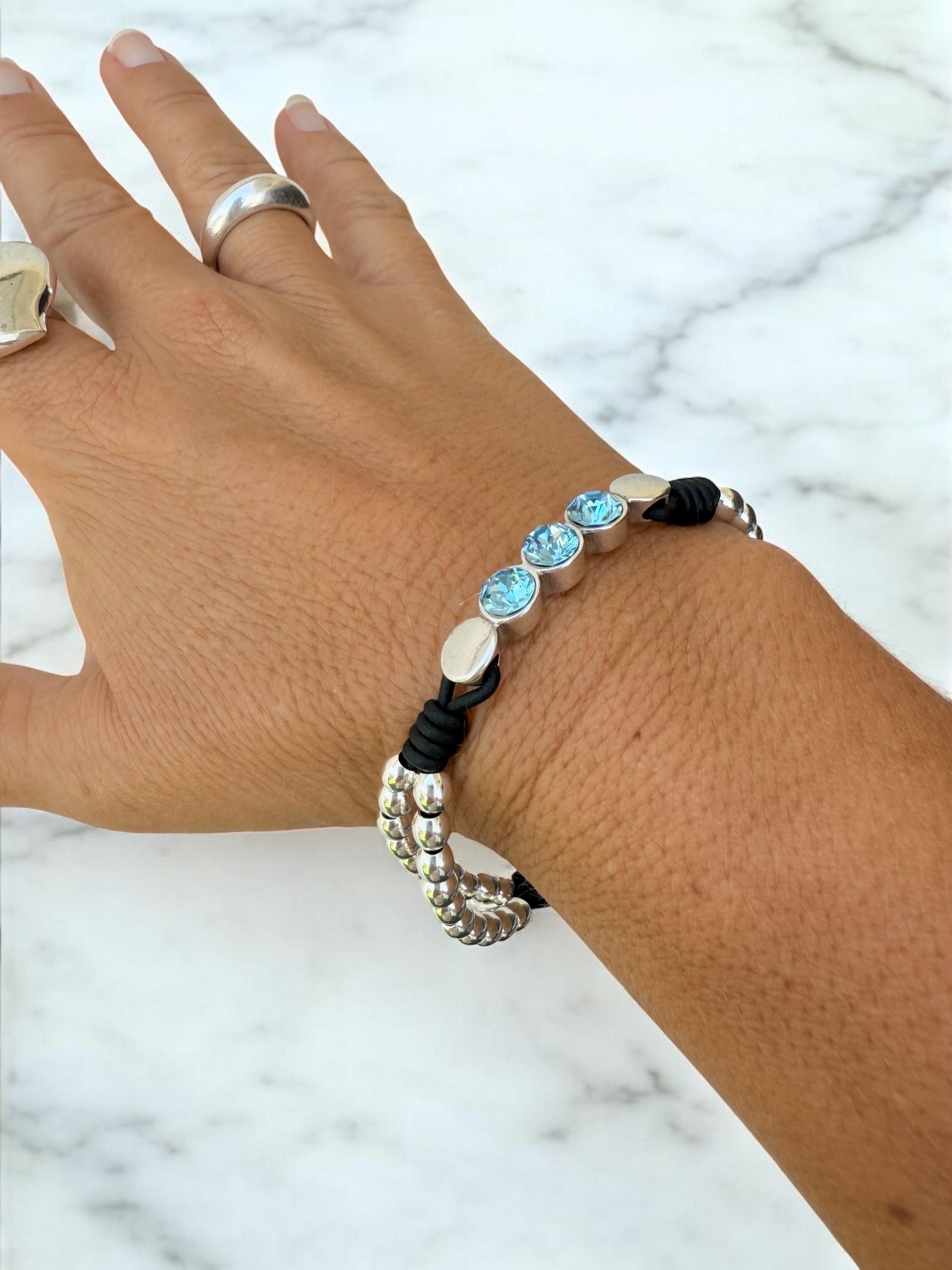 silver beads leather bracelet for women which Swarovski crystals, handmade bohemian beaded leather bracelet, chunky silver bracelet, gift