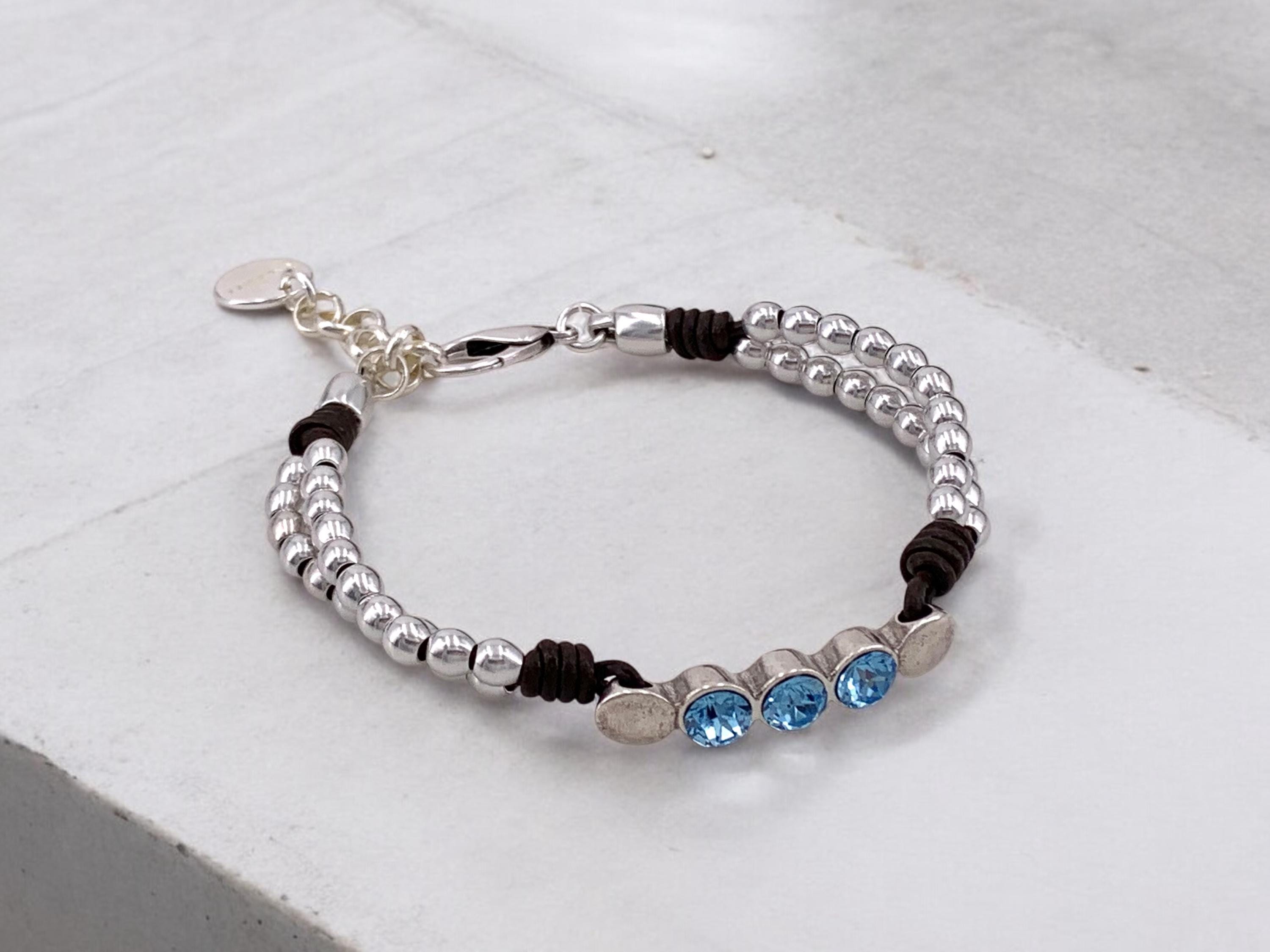 silver beads leather bracelet for women which Swarovski crystals, handmade bohemian beaded leather bracelet, chunky silver bracelet, gift