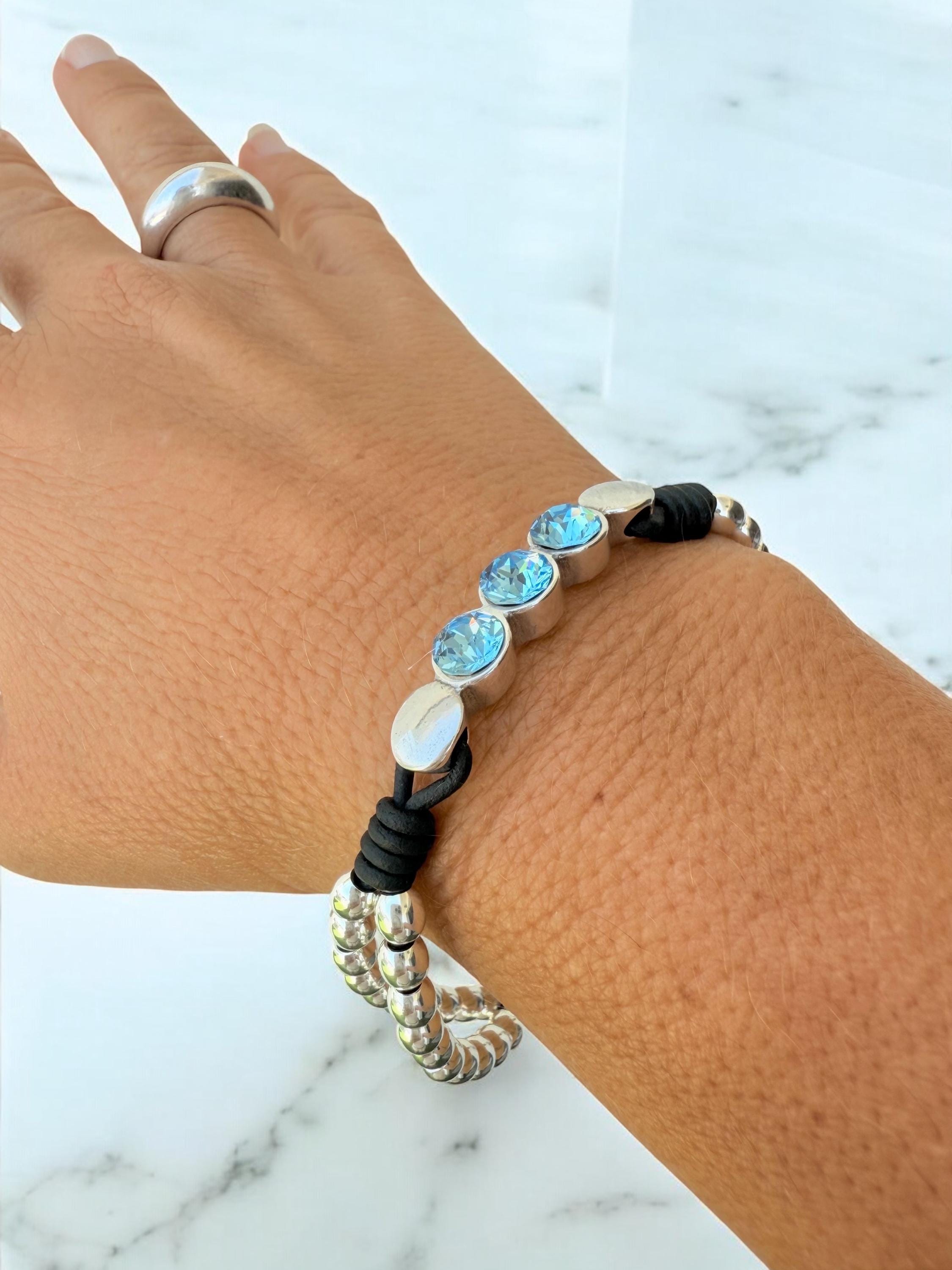 silver beads leather bracelet for women which Swarovski crystals, handmade bohemian beaded leather bracelet, chunky silver bracelet, gift