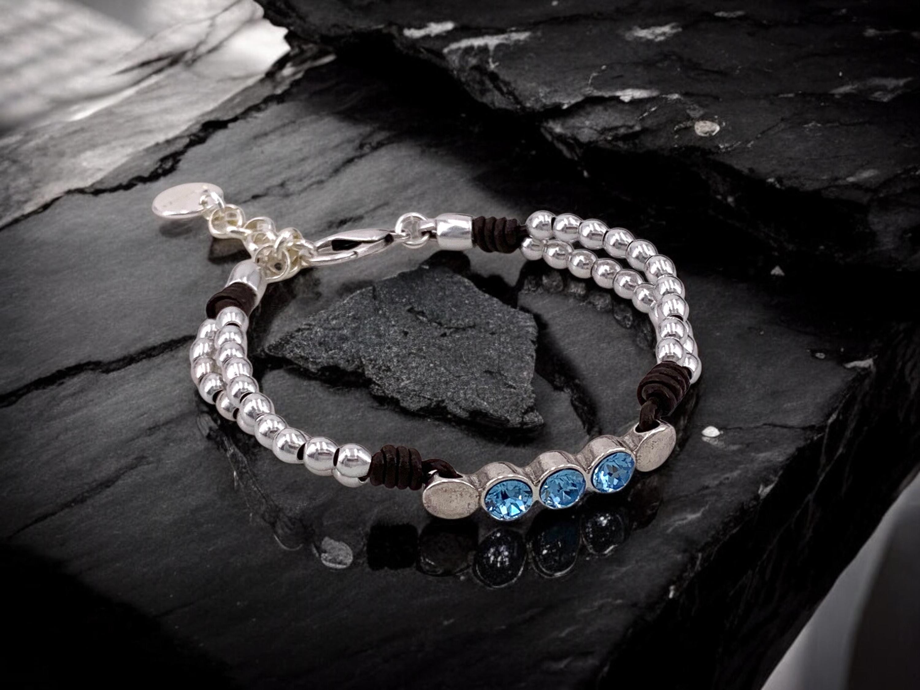 silver beads leather bracelet for women which Swarovski crystals, handmade bohemian beaded leather bracelet, chunky silver bracelet, gift