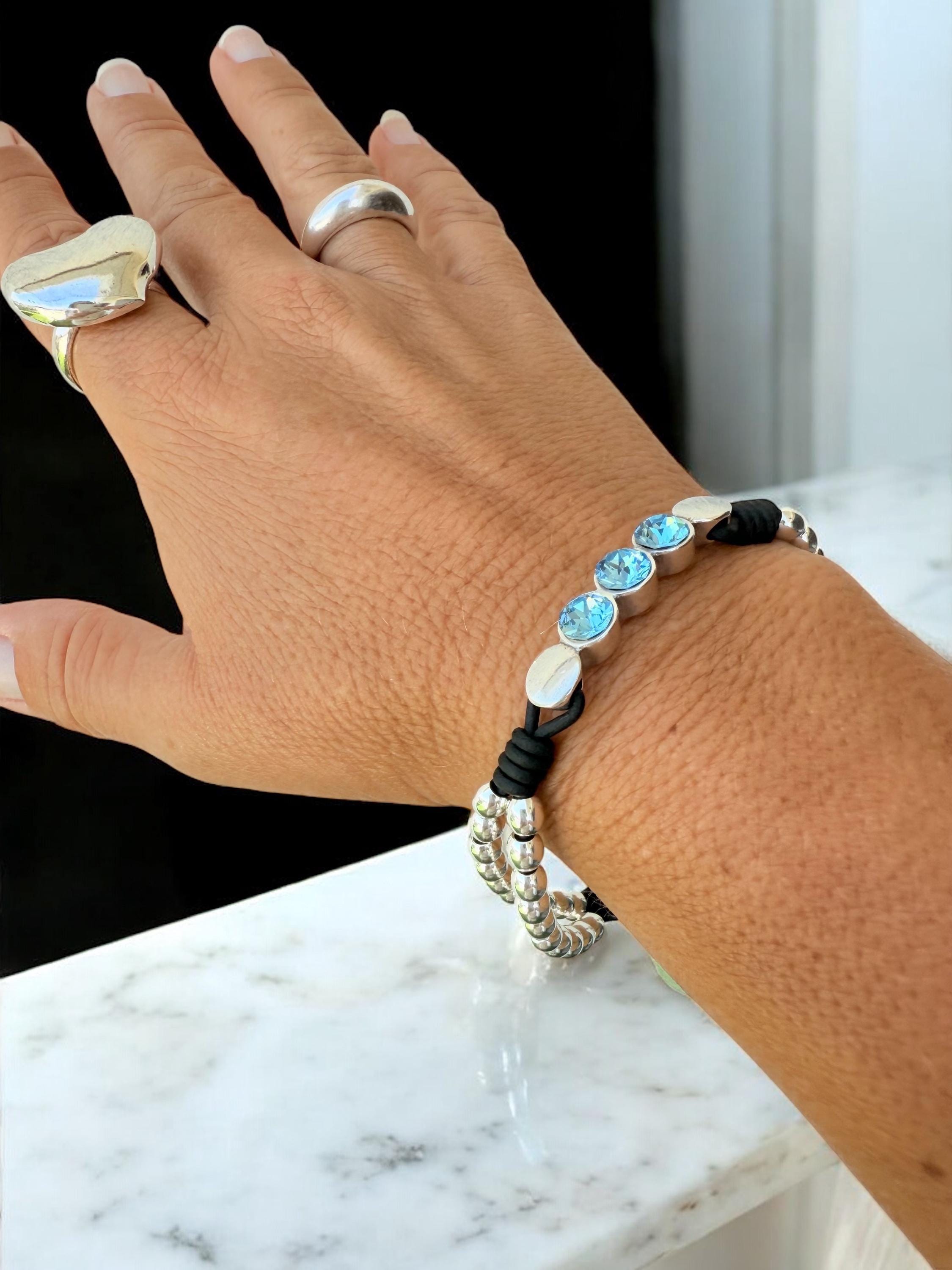 silver beads leather bracelet for women which Swarovski crystals, handmade bohemian beaded leather bracelet, chunky silver bracelet, gift