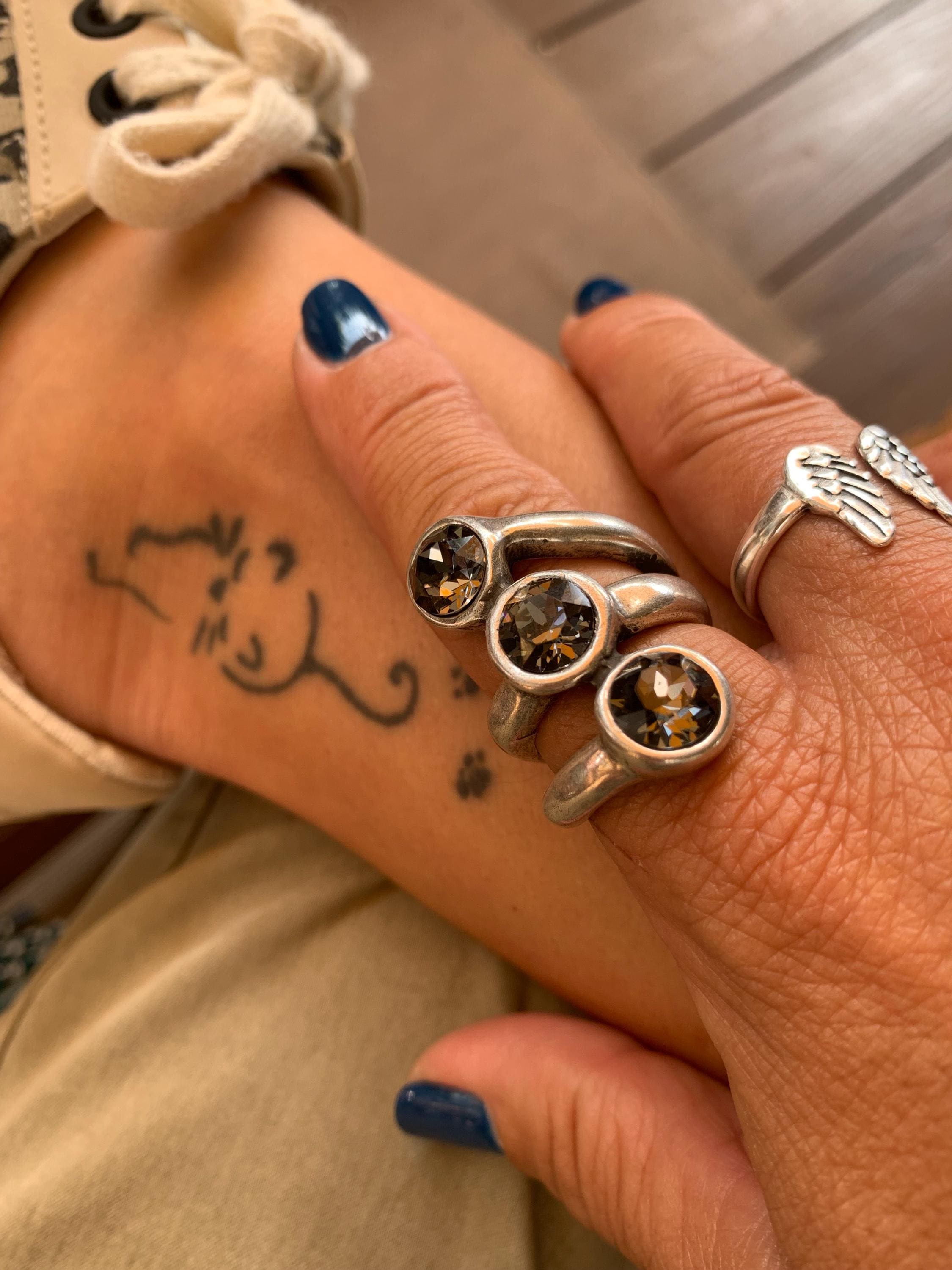 Triple layer wide and chunky silver ring with swarovski crystals, catching-eye statement thick brilliant ring, spectacular gift for women