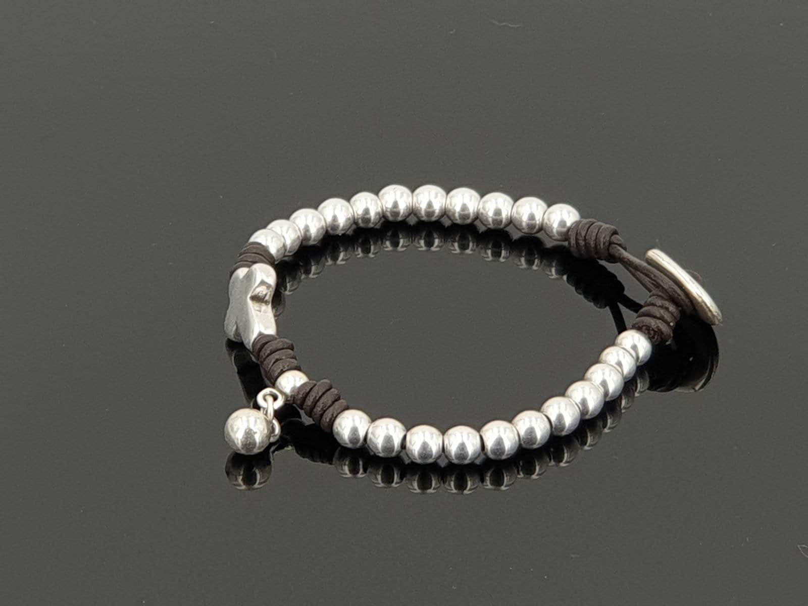 Silver Cross Beaded Bracelet: Leather Tribal Bohemian Jewelry