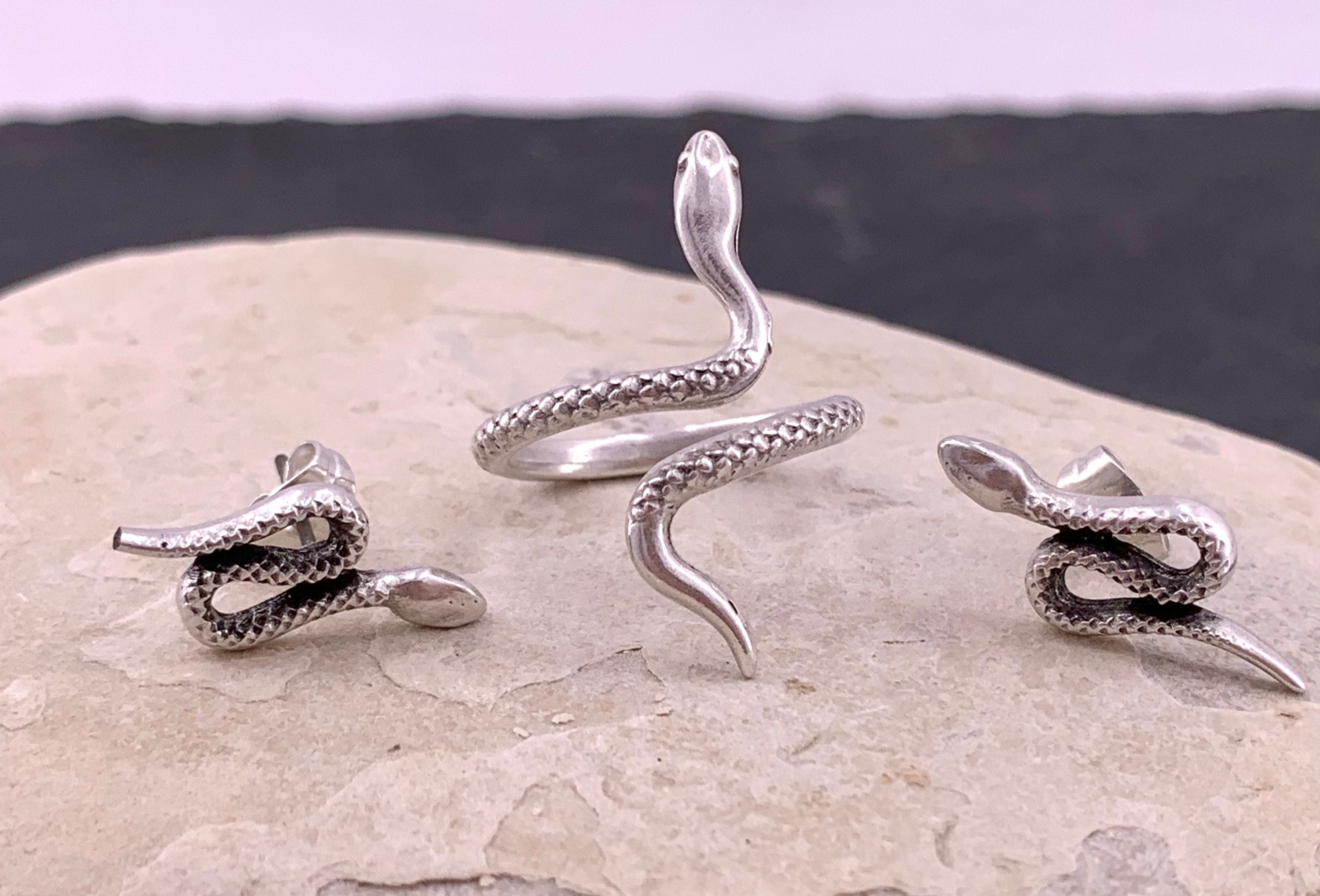 Silver Snake Earrings – Coiled Serpent Design – Hypoallergenic Surgical Steel Pin – Symbolic Unisex Jewelry – 3.5 cm - boho rock style