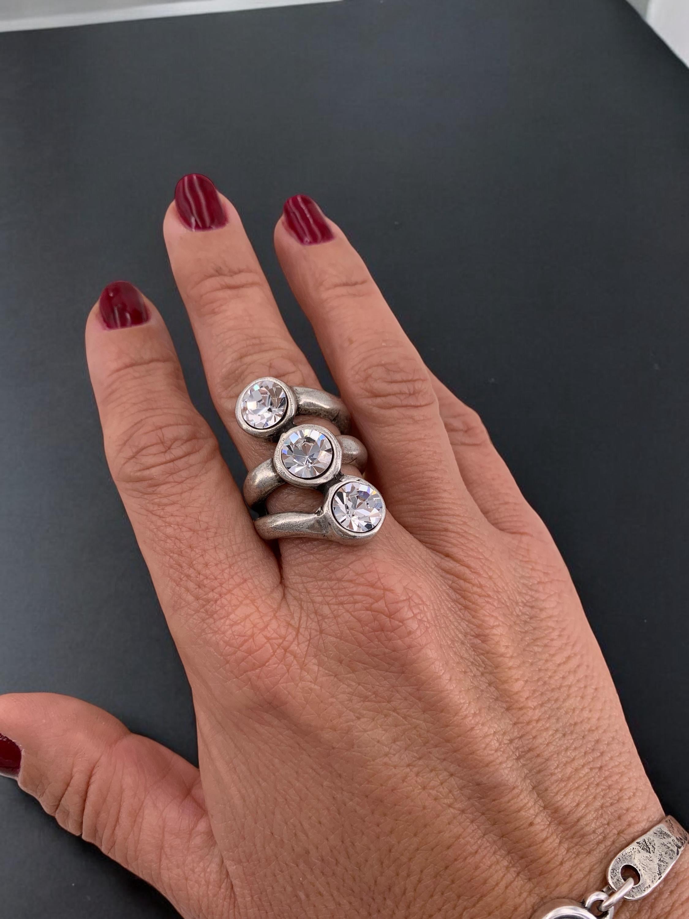 Chunky Antique Silver Swarovski Crystal Ring - Size 8