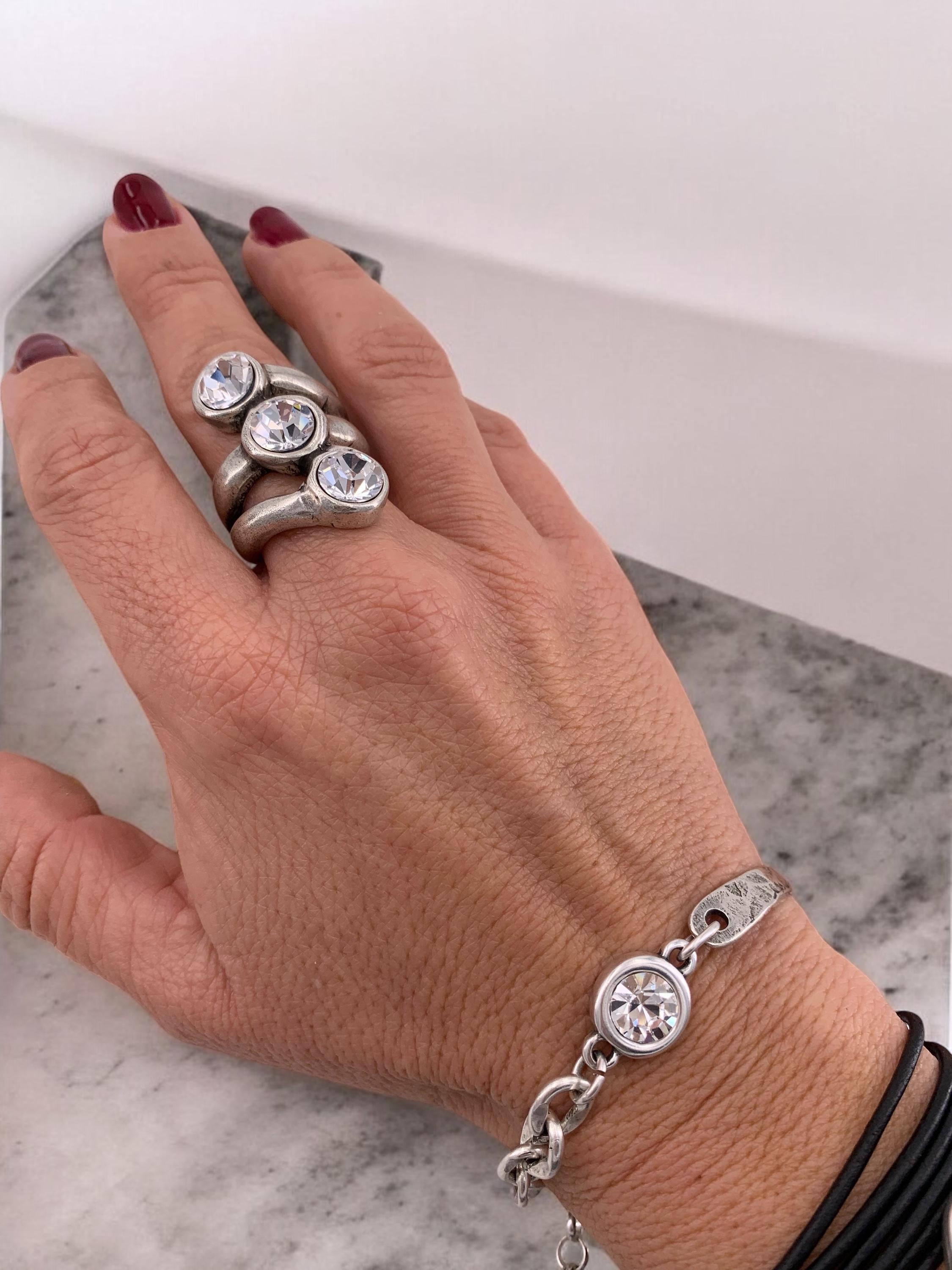 Chunky Antique Silver Swarovski Crystal Ring - Size 8