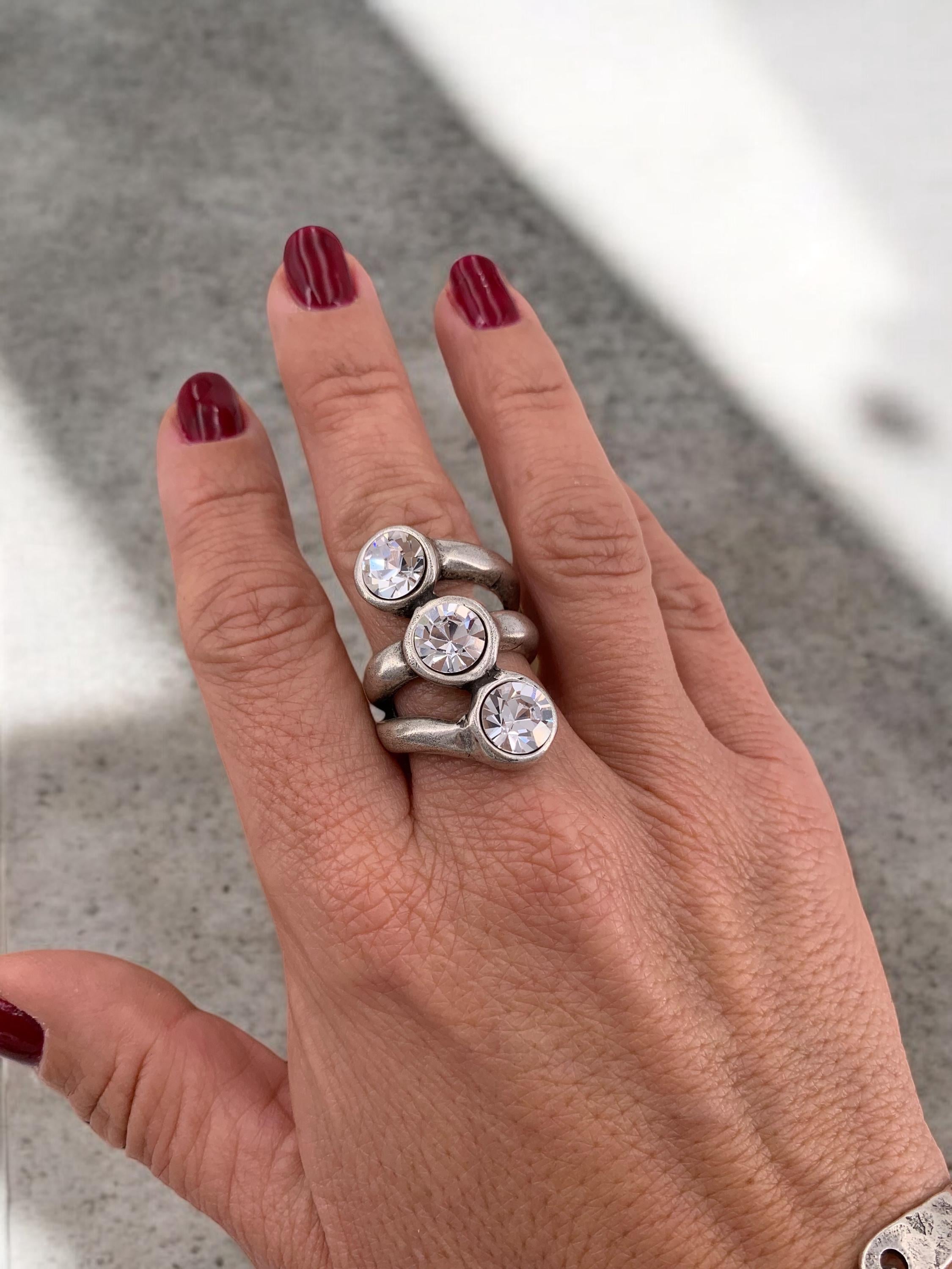 Chunky Antique Silver Swarovski Crystal Ring - Size 8