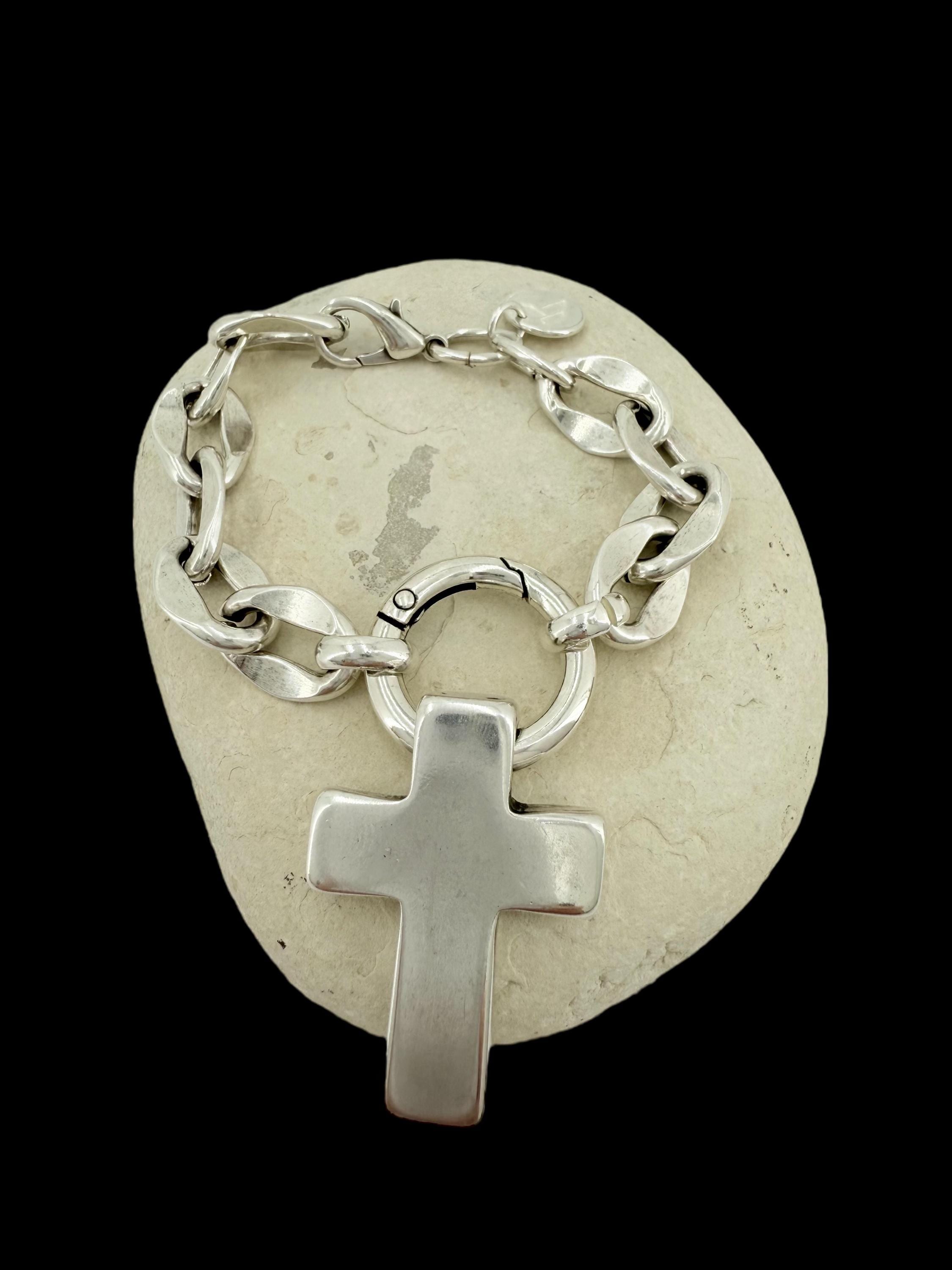 Chunky Silver Chain Bracelet: Statement Cross Pendant, Heavyweight Link