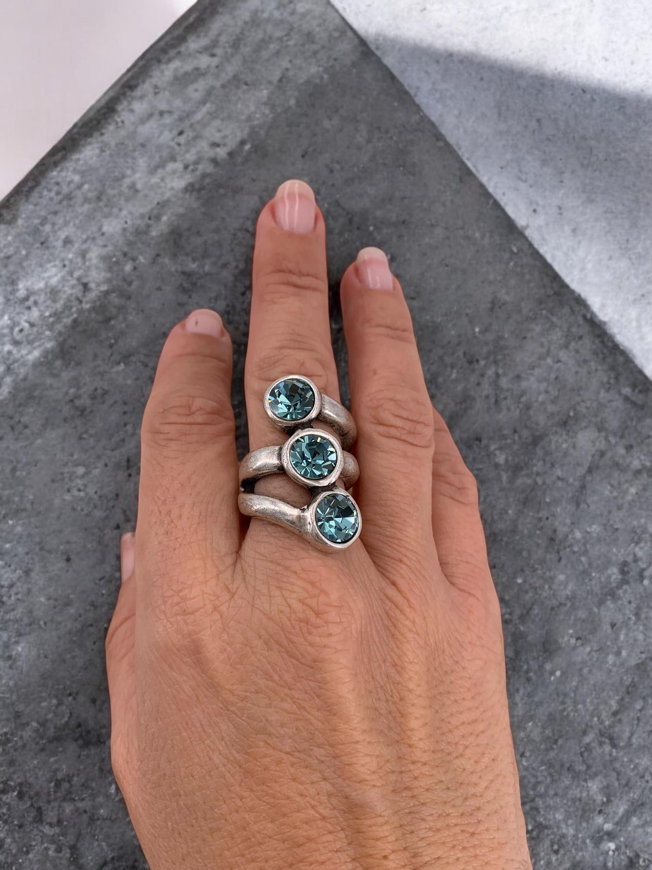 Chunky Antique Silver Swarovski Crystal Ring - Size 8