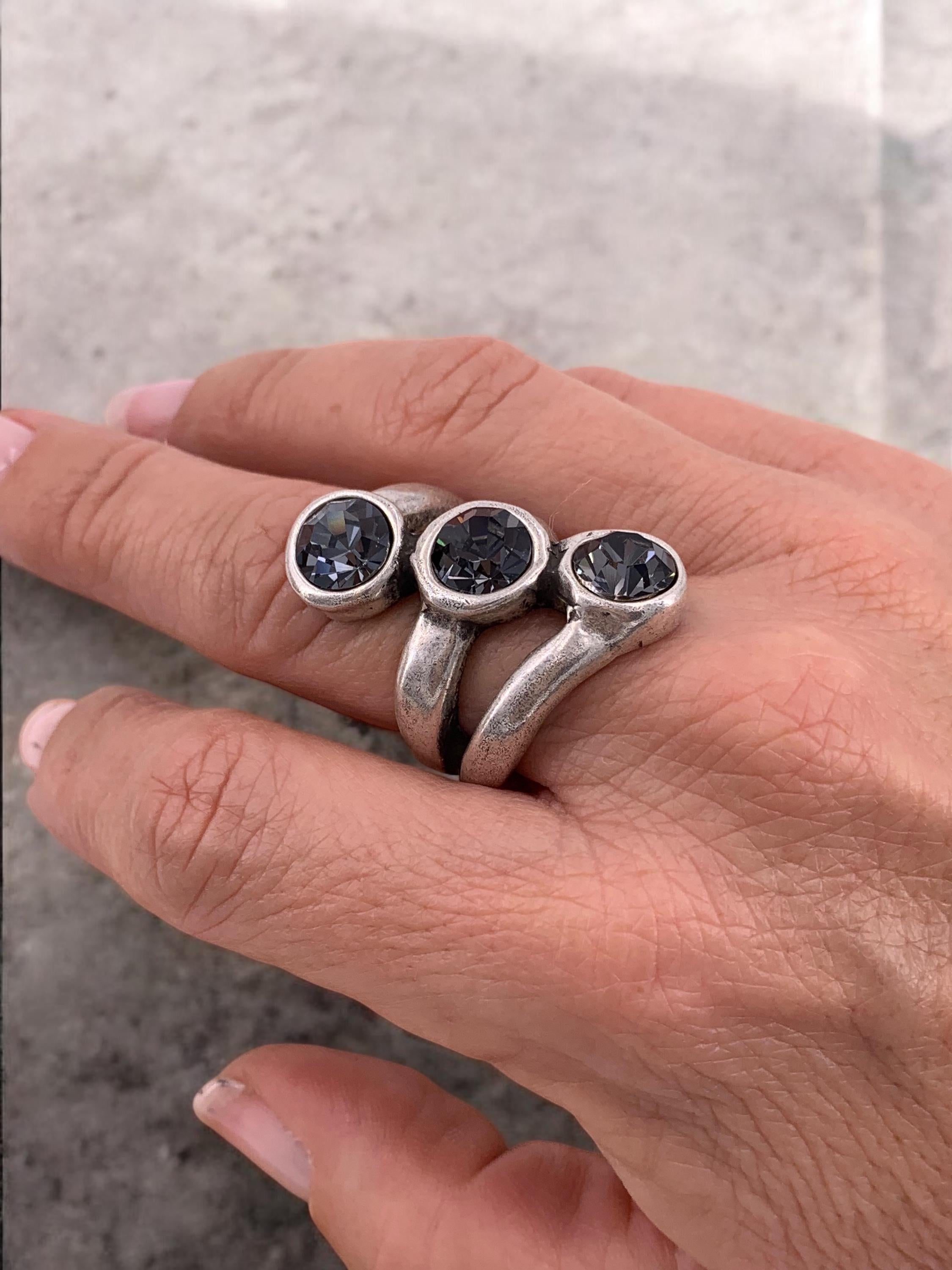 Chunky Antique Silver Swarovski Crystal Ring - Size 8