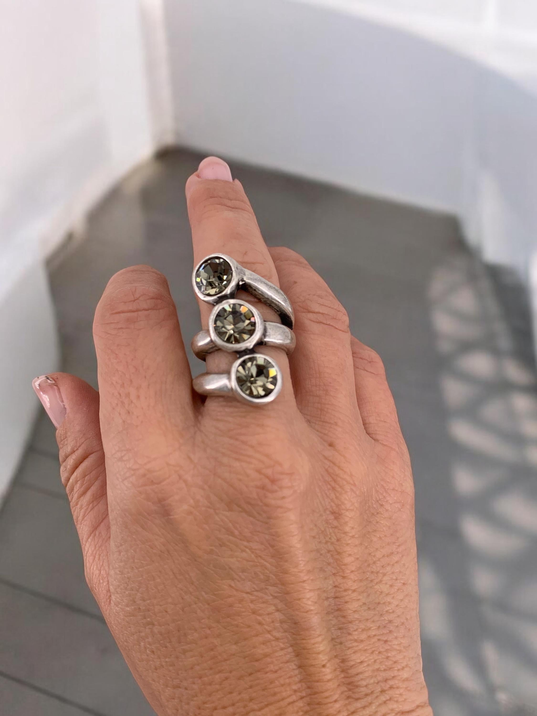 Chunky Antique Silver Swarovski Crystal Ring - Size 8