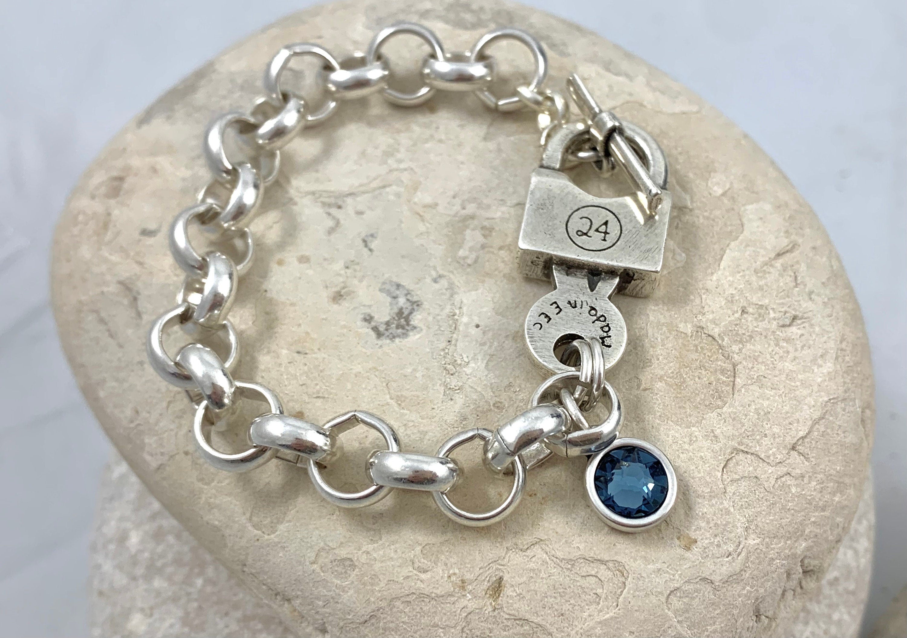 Oversized thick chain womens padlock bracelet| chunky key-lock Cuban link chain bracelet| edgy style silver curb chain cuff bracelet