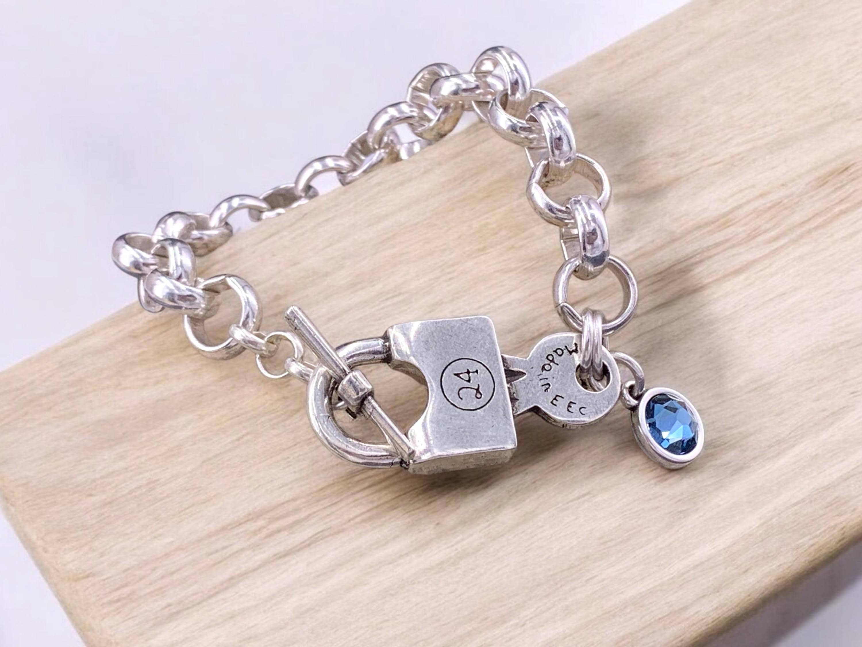 Oversized thick chain womens padlock bracelet| chunky key-lock Cuban link chain bracelet| edgy style silver curb chain cuff bracelet