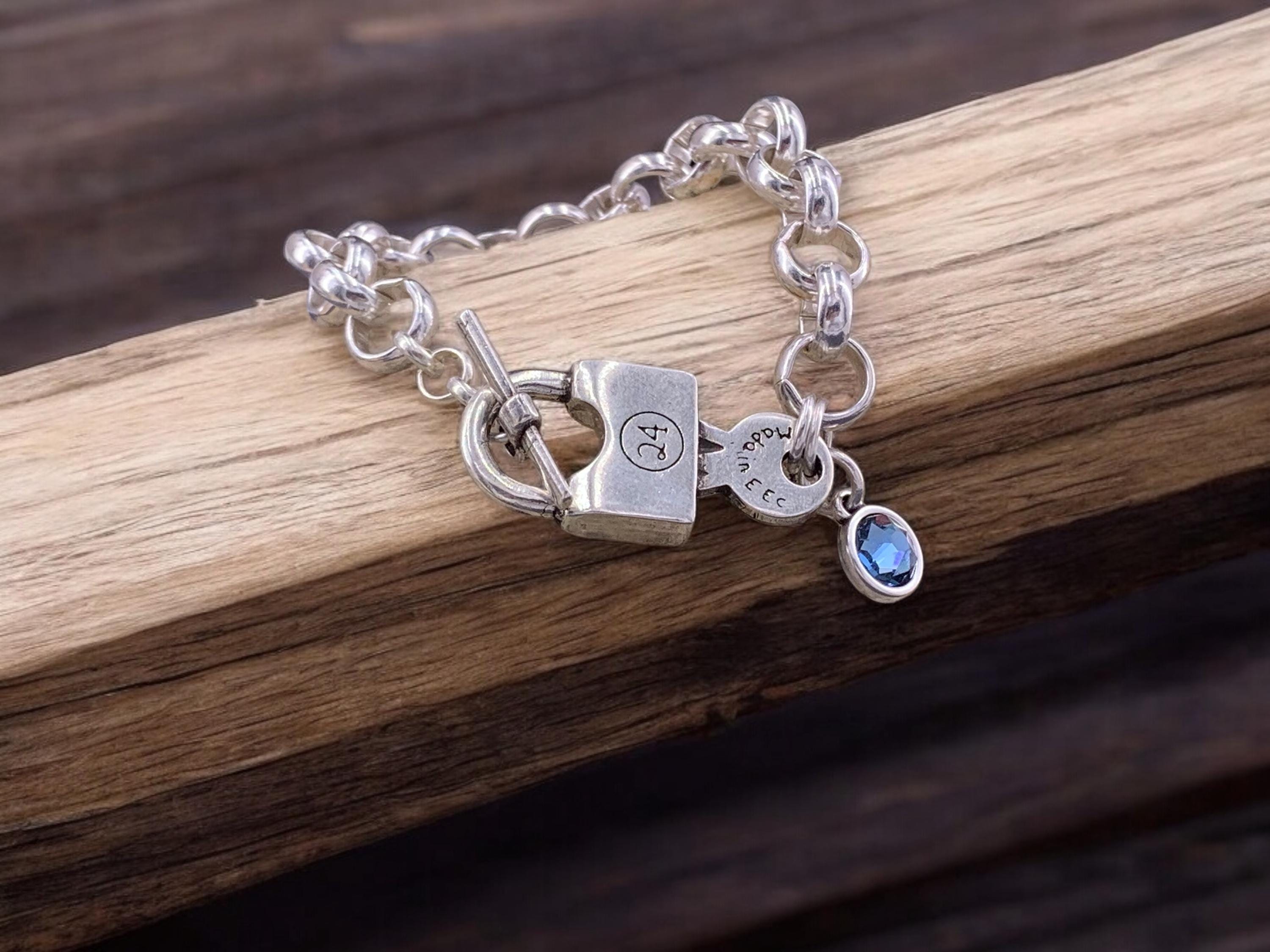 Oversized thick chain womens padlock bracelet| chunky key-lock Cuban link chain bracelet| edgy style silver curb chain cuff bracelet