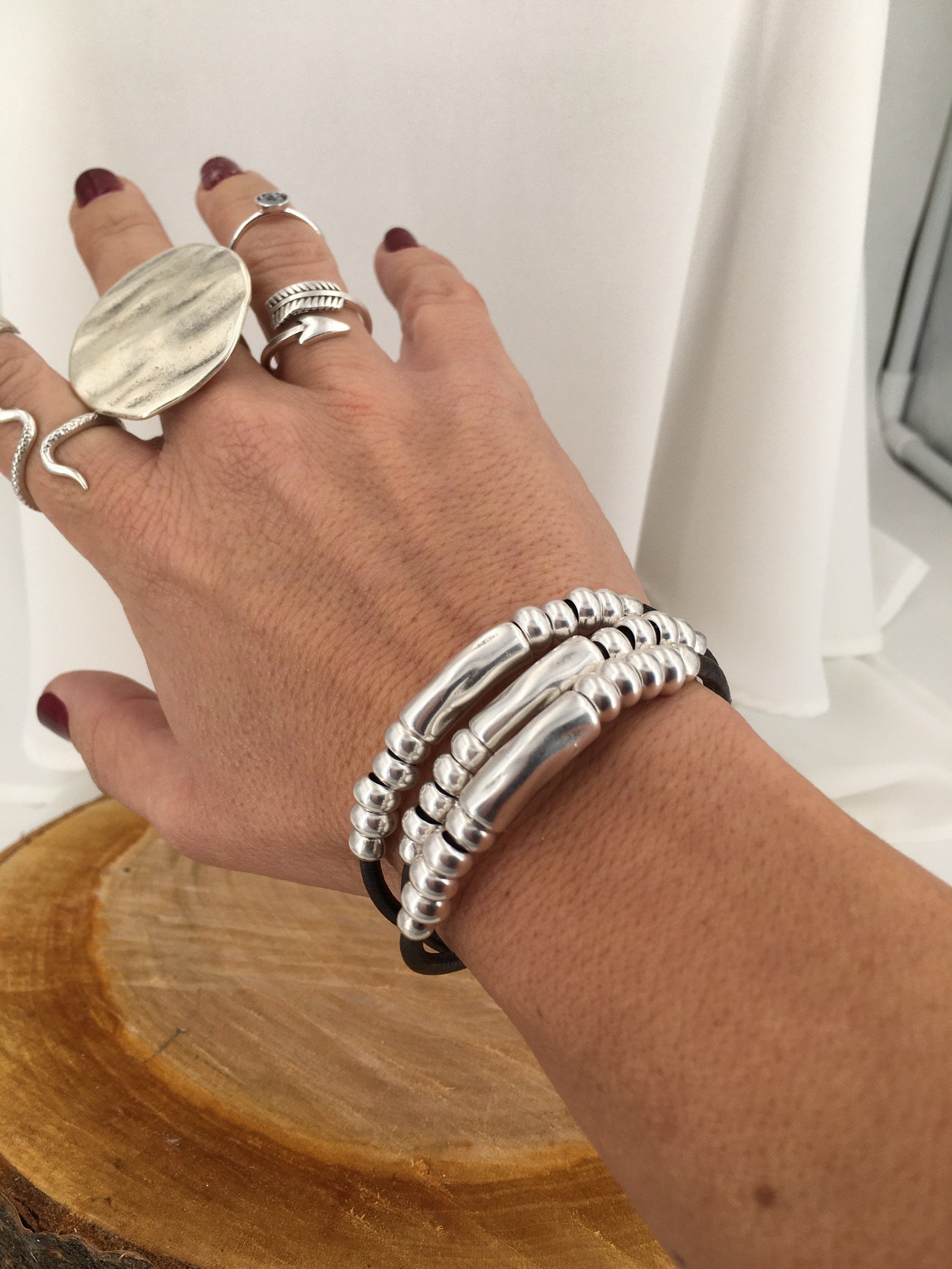 Multi strand silver and leather chunky bracelet, tubes silver leather bracelet, layering bold silver bracelet, statement bracelet, gift