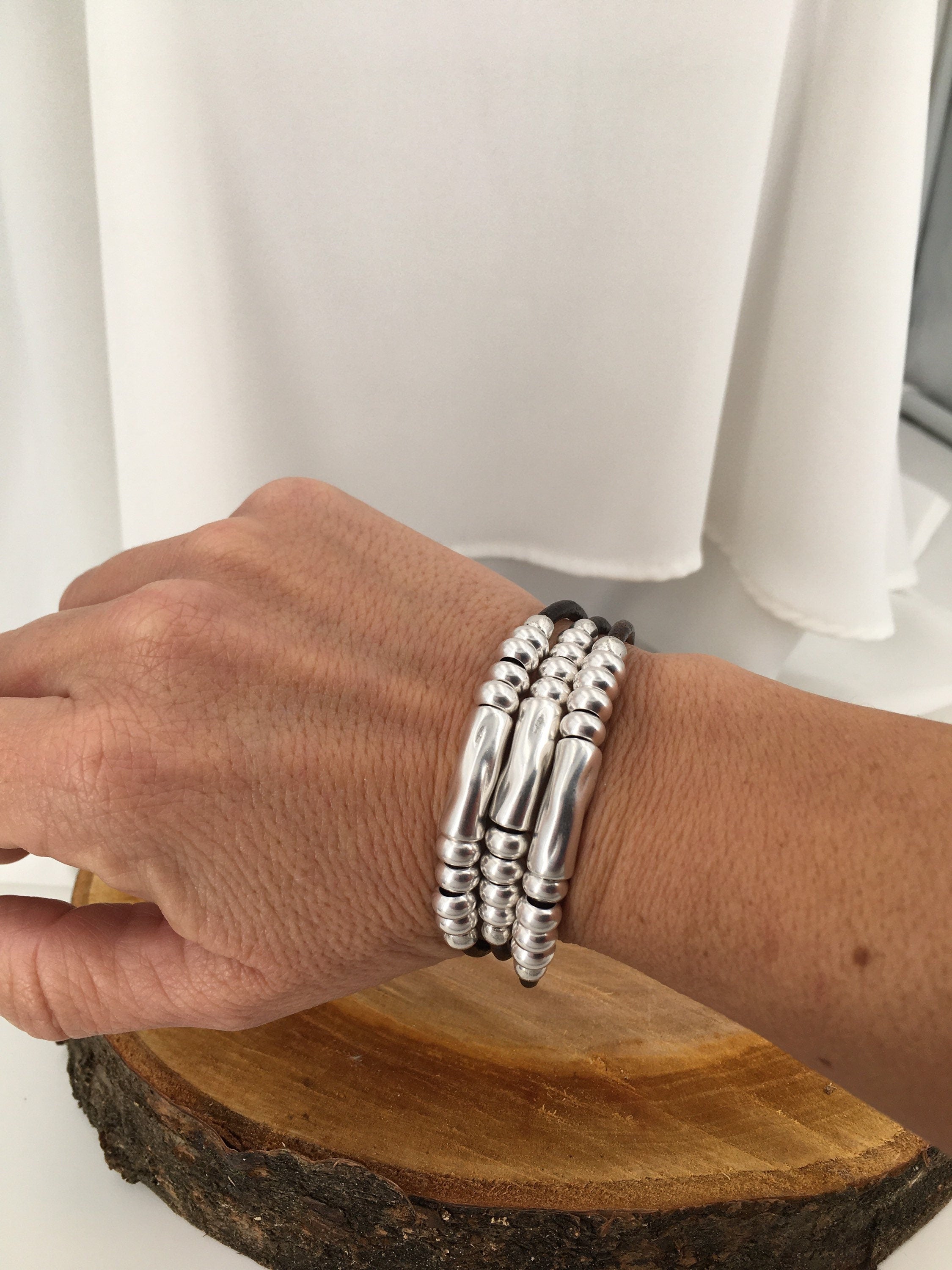 Multi strand silver and leather chunky bracelet, tubes silver leather bracelet, layering bold silver bracelet, statement bracelet, gift
