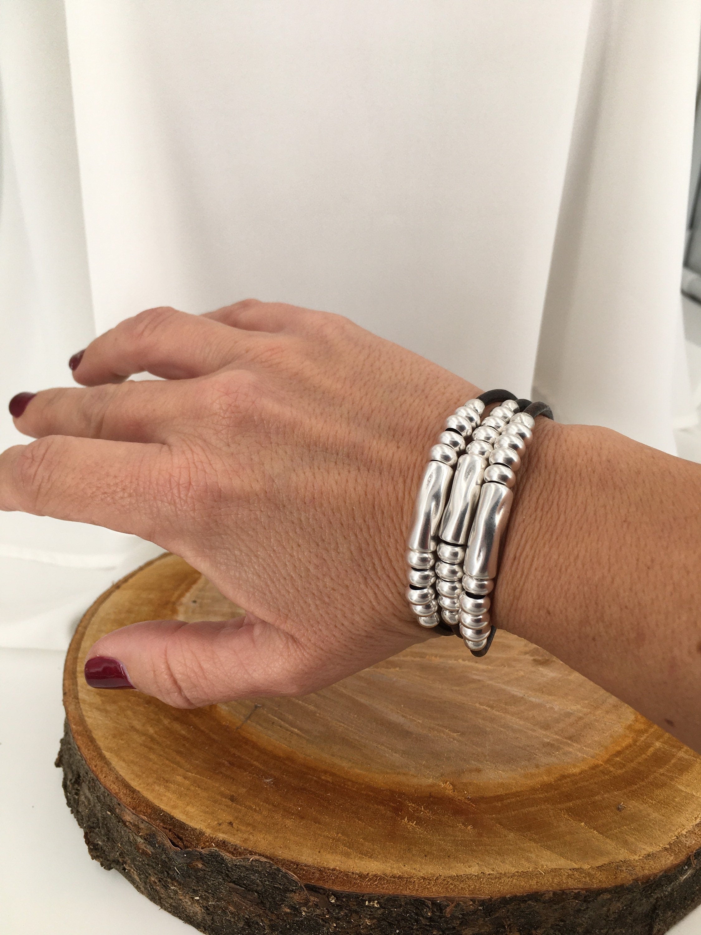 Multi strand silver and leather chunky bracelet, tubes silver leather bracelet, layering bold silver bracelet, statement bracelet, gift