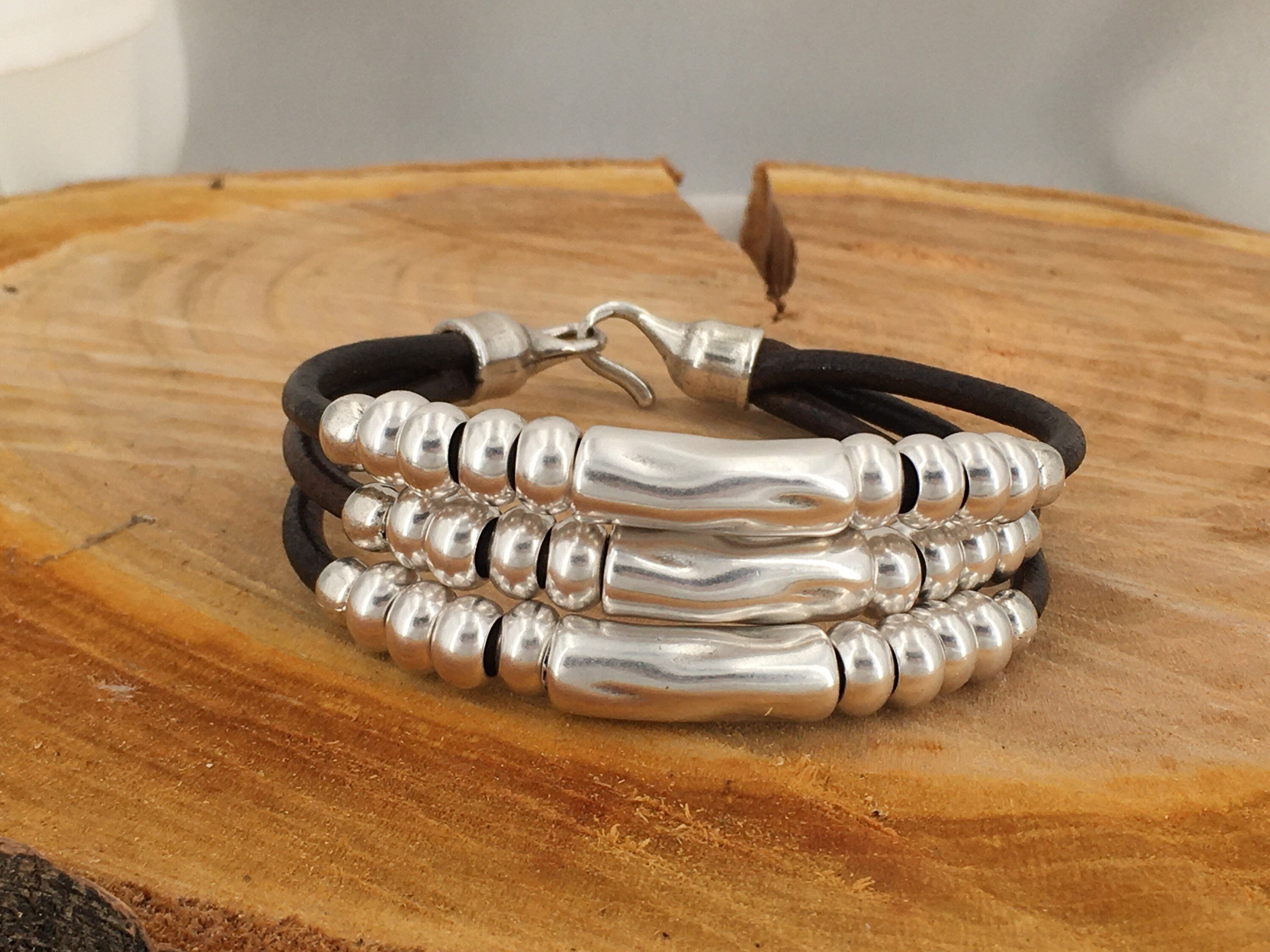 Multi strand silver and leather chunky bracelet, tubes silver leather bracelet, layering bold silver bracelet, statement bracelet, gift