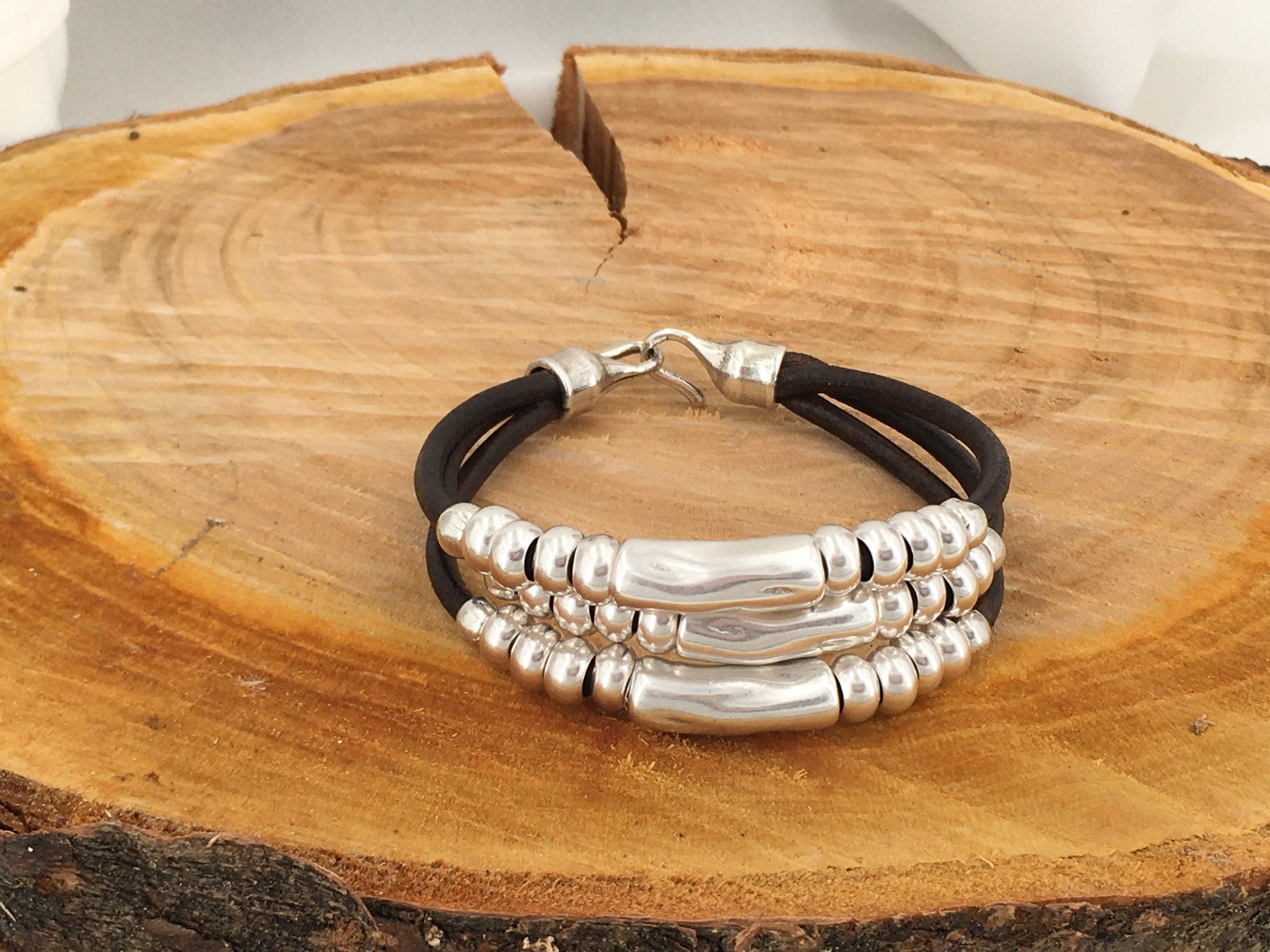 Multi strand silver and leather chunky bracelet, tubes silver leather bracelet, layering bold silver bracelet, statement bracelet, gift