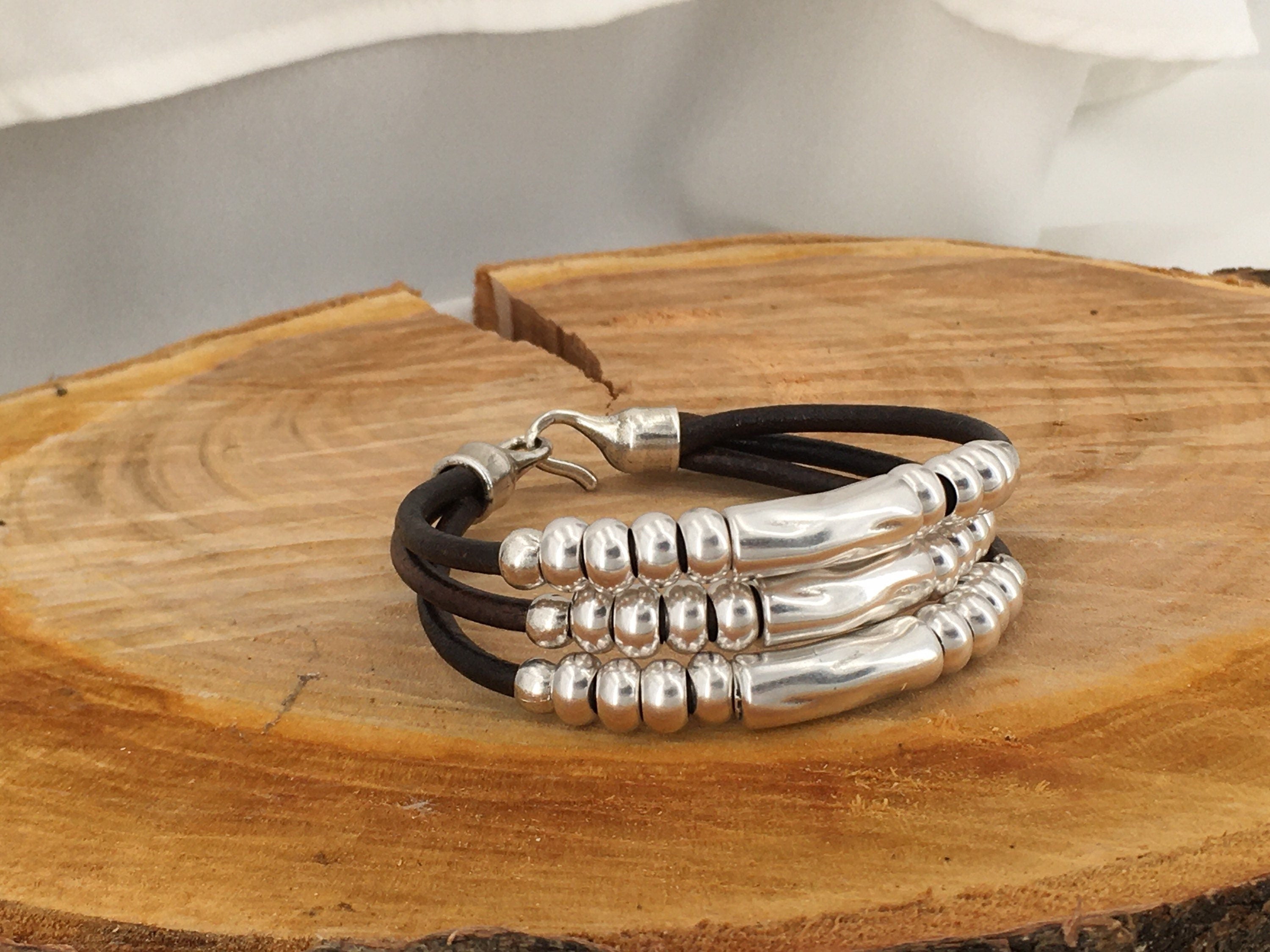 Multi strand silver and leather chunky bracelet, tubes silver leather bracelet, layering bold silver bracelet, statement bracelet, gift