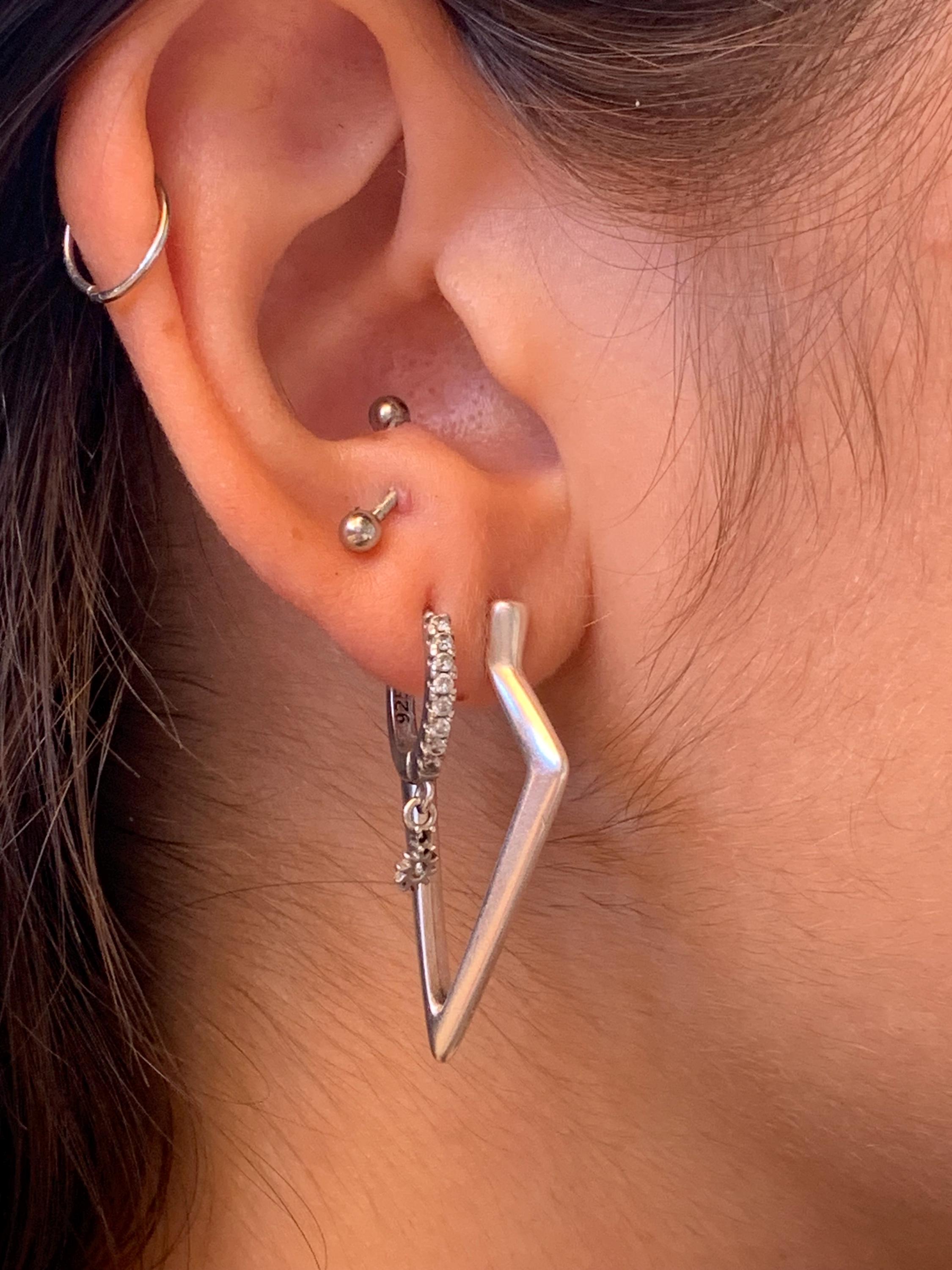 Geometric silver hoop earrings, dropped silver earrings, dangle earrings, statement long earrings, gift for women, original earrings