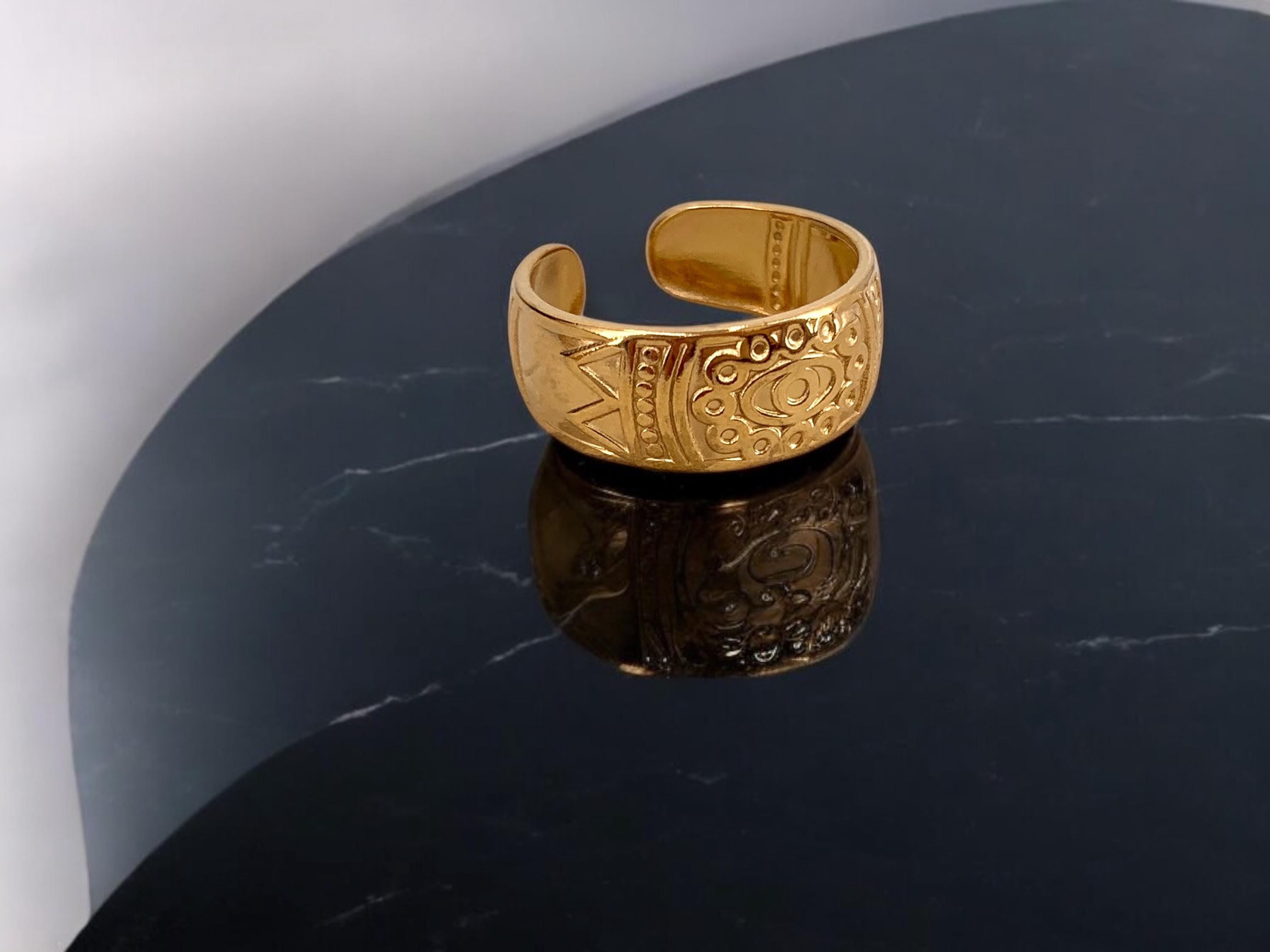 Engraved silver or gold ring, Bohemian ring, unique design ring, statement ring, tribal ring, bold ring, stainless steel ring, gift for her