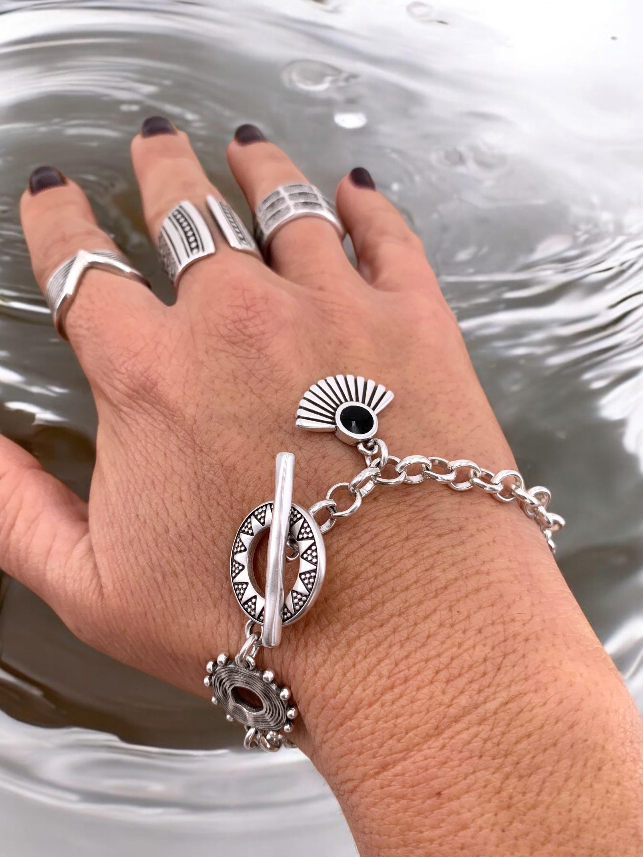 Tribal silver chain bracelet with toggle clasps and  charms, ethnic bracelets, rolo chain silver bracelet, uno de 50 style, bohemian bracele