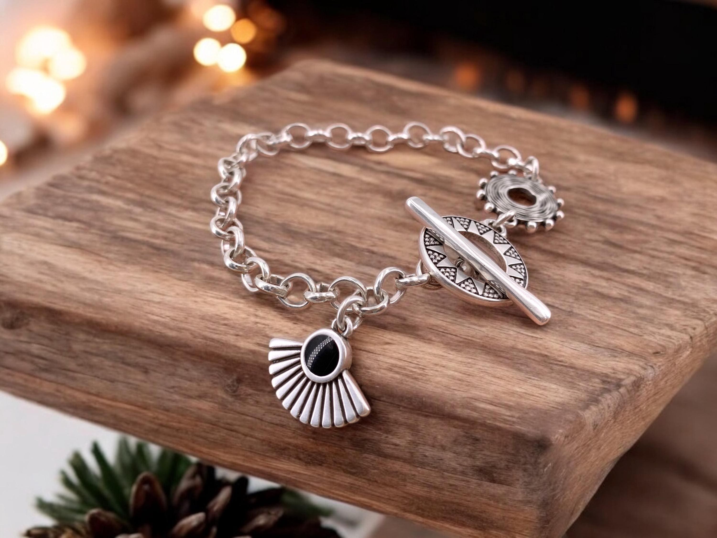 Tribal silver chain bracelet with toggle clasps and  charms, ethnic bracelets, rolo chain silver bracelet, uno de 50 style, bohemian bracele