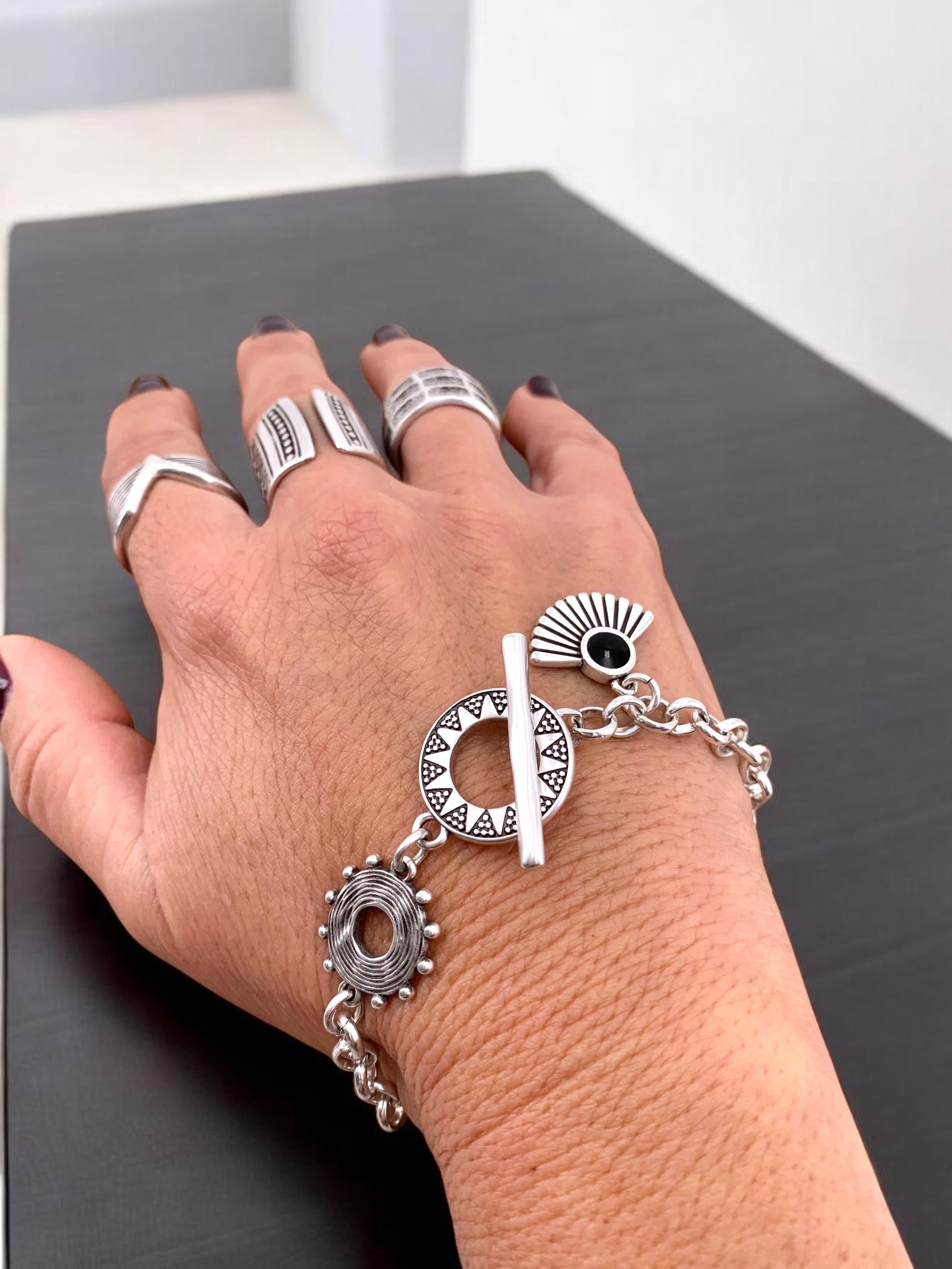 Tribal silver chain bracelet with toggle clasps and  charms, ethnic bracelets, rolo chain silver bracelet, uno de 50 style, bohemian bracele