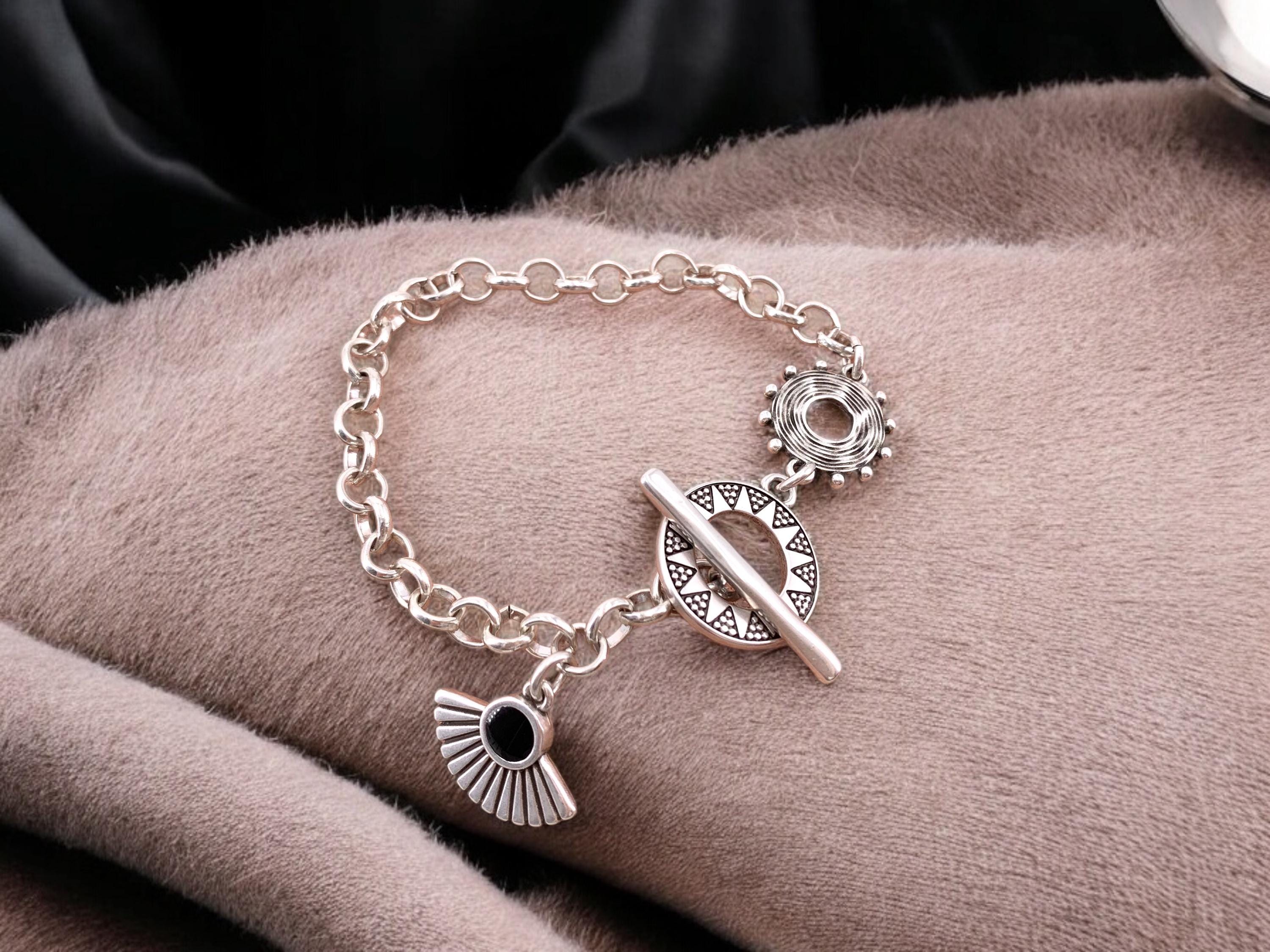 Tribal silver chain bracelet with toggle clasps and  charms, ethnic bracelets, rolo chain silver bracelet, uno de 50 style, bohemian bracele