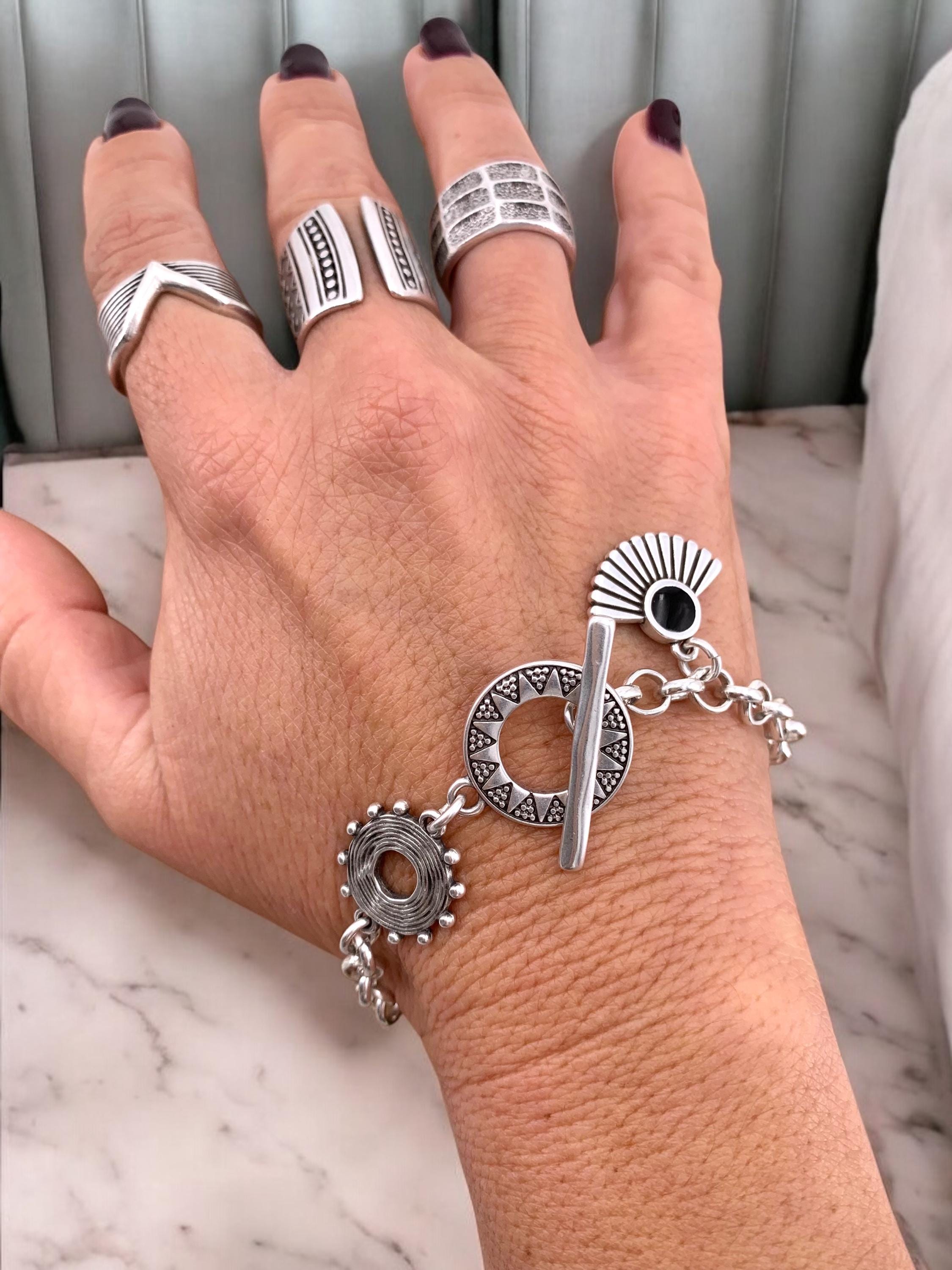 Tribal silver chain bracelet with toggle clasps and  charms, ethnic bracelets, rolo chain silver bracelet, uno de 50 style, bohemian bracele