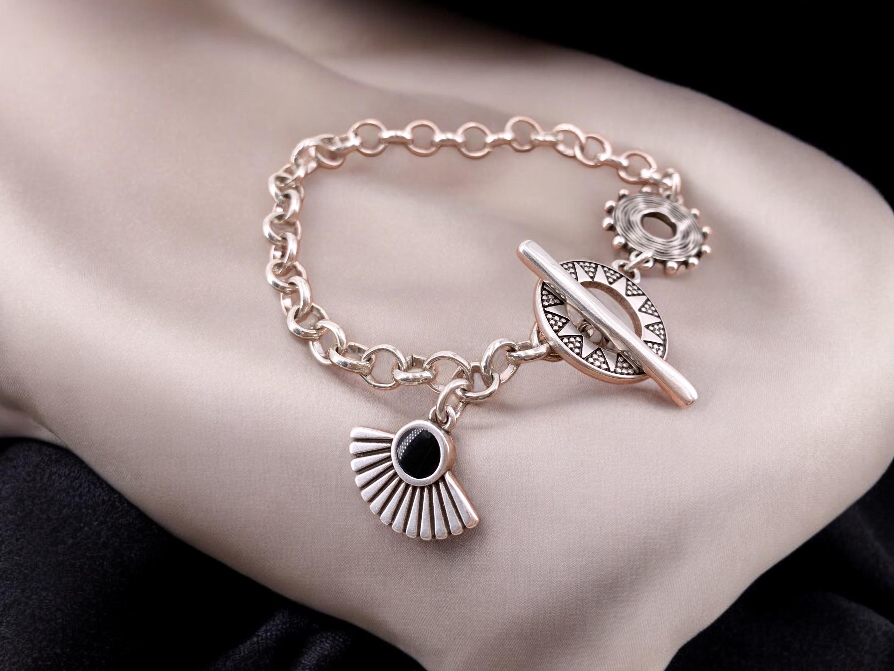 Tribal silver chain bracelet with toggle clasps and  charms, ethnic bracelets, rolo chain silver bracelet, uno de 50 style, bohemian bracele