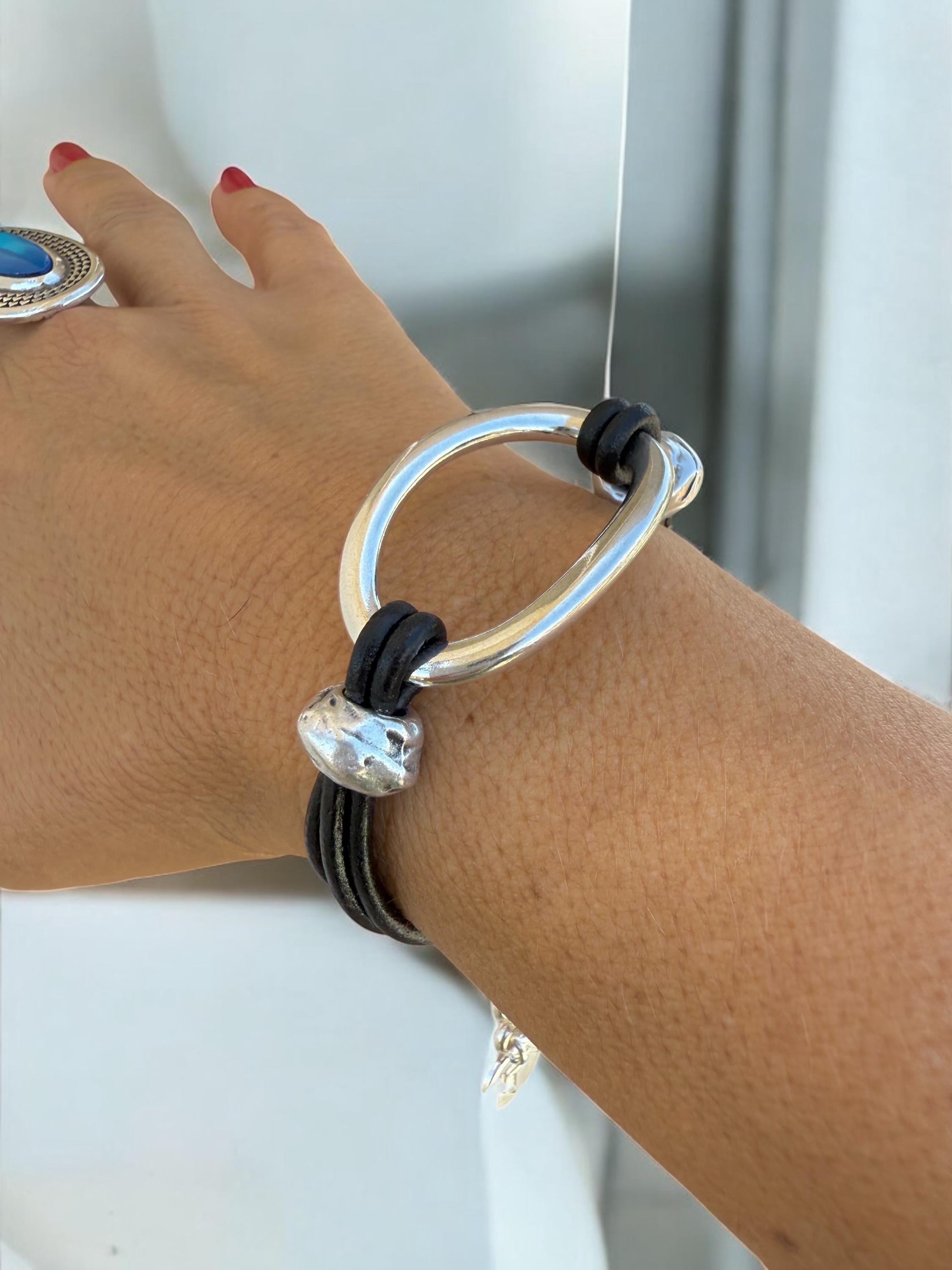 Bold Chain Link Leather Bracelet – Chunky Silver Statement Design with Adjustable Fit – Wide Boho Cuff Made to Order