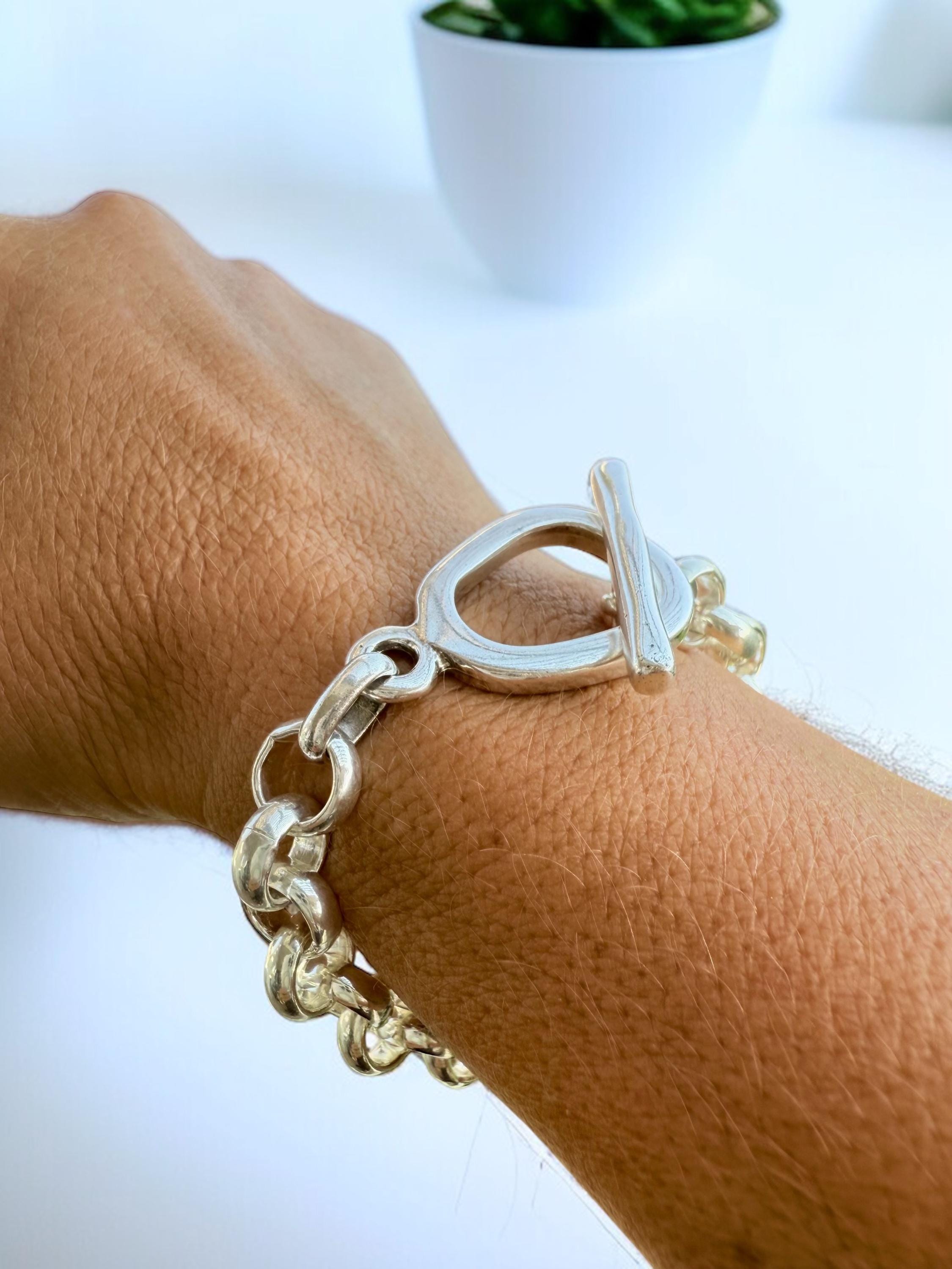Chunky Silver Chain Bracelet – 10 mm Solid shiny Links – Toggle Clasp – Heavyweight Statement Jewelry – Uno de 50 Inspired – Custom Fit Gift
