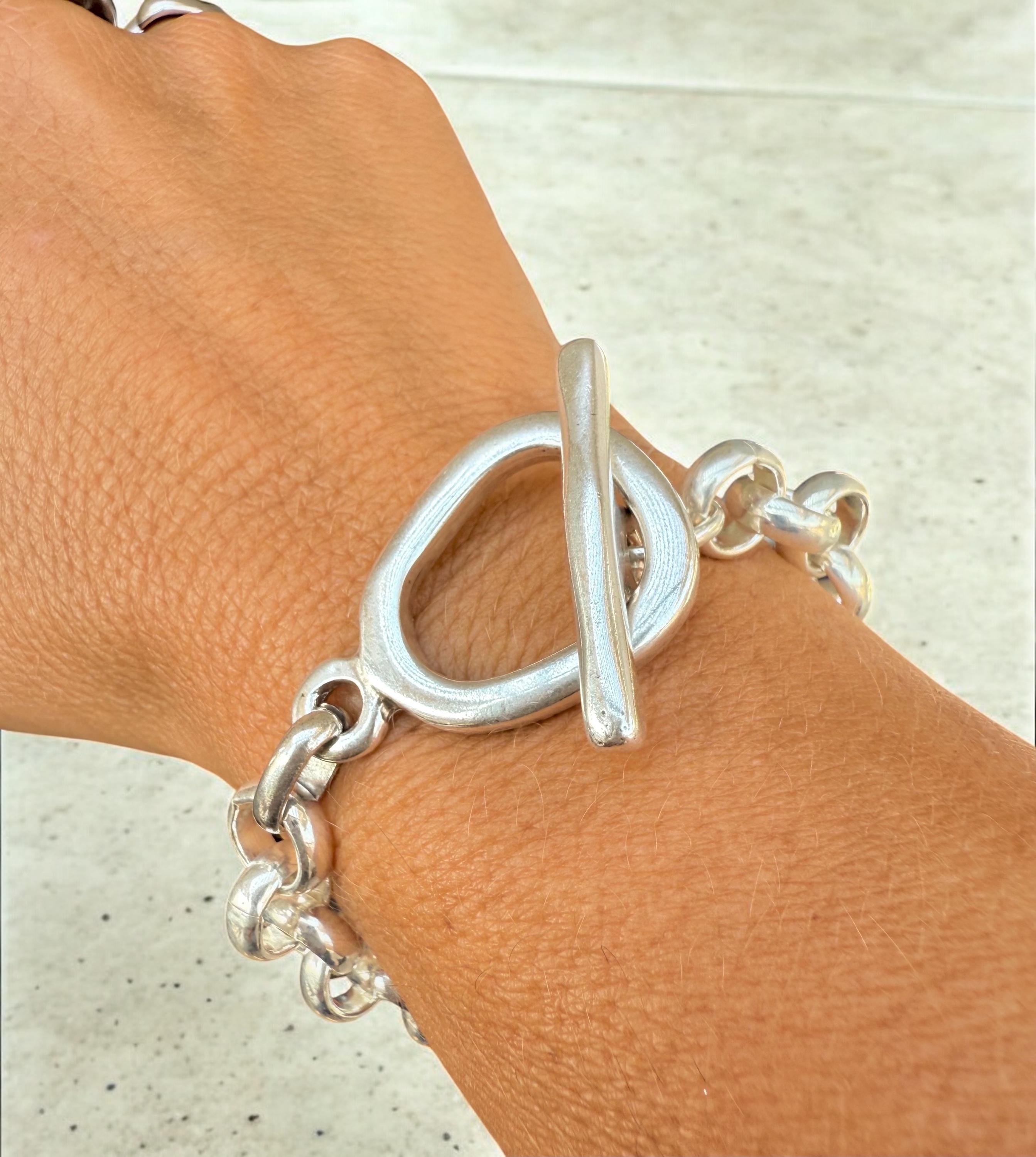 Chunky Silver Chain Bracelet – 10 mm Solid shiny Links – Toggle Clasp – Heavyweight Statement Jewelry – Uno de 50 Inspired – Custom Fit Gift