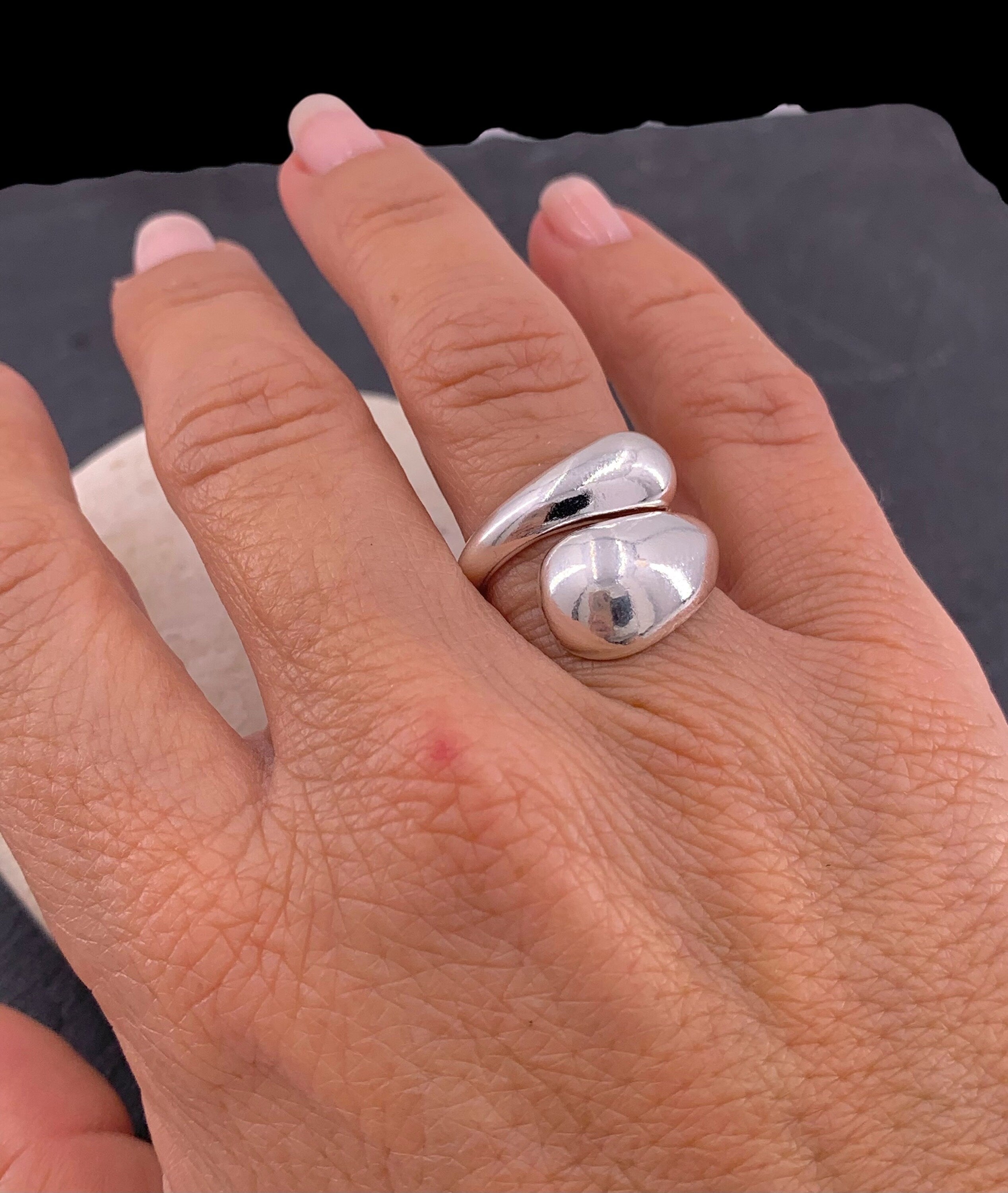 Drop shaped silver ring, dome ring, chunky silver ring, open band bulky ring, voluminous ring, oversized ring, bold double band ring,