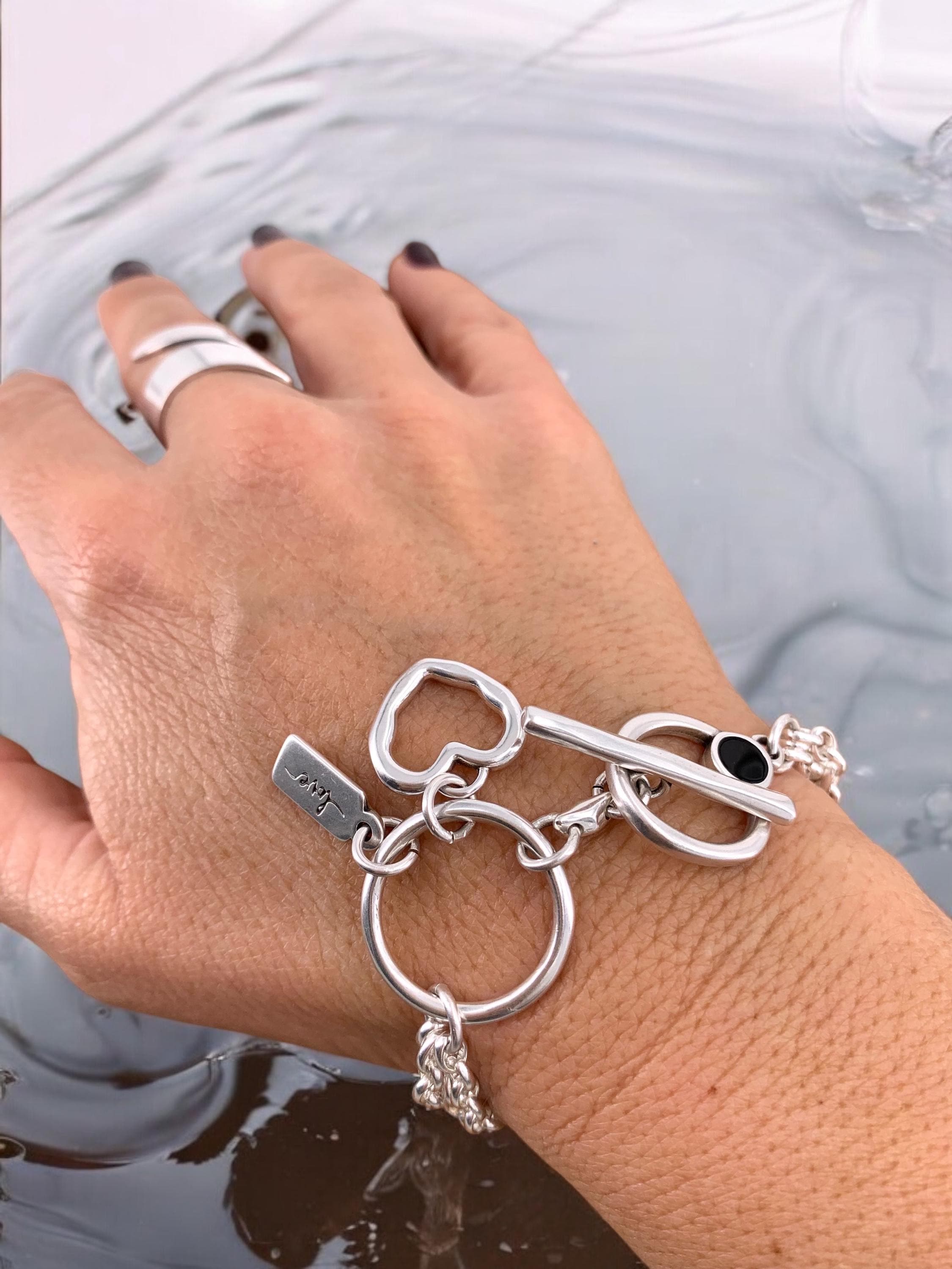 Multi strand silver chain bracelet with toggle clasps and heart charm, heart bracelets, wrap silver bracelet, uno de 50 style, chunky bracel